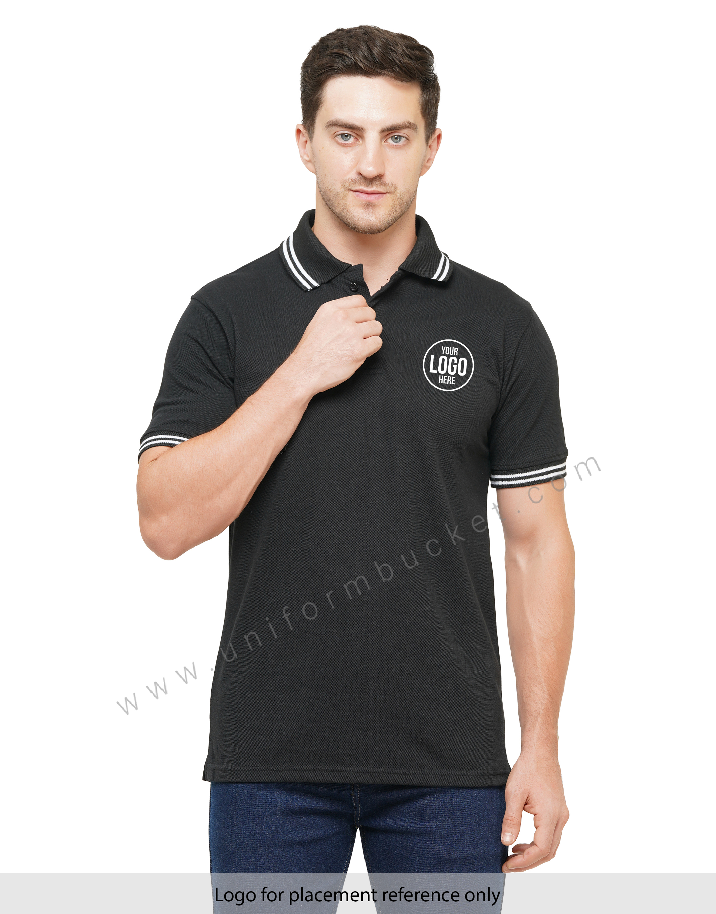 BLACK T-SHIRT WITH COLLAR & SLEEVE  WHITE TIPPING view 1