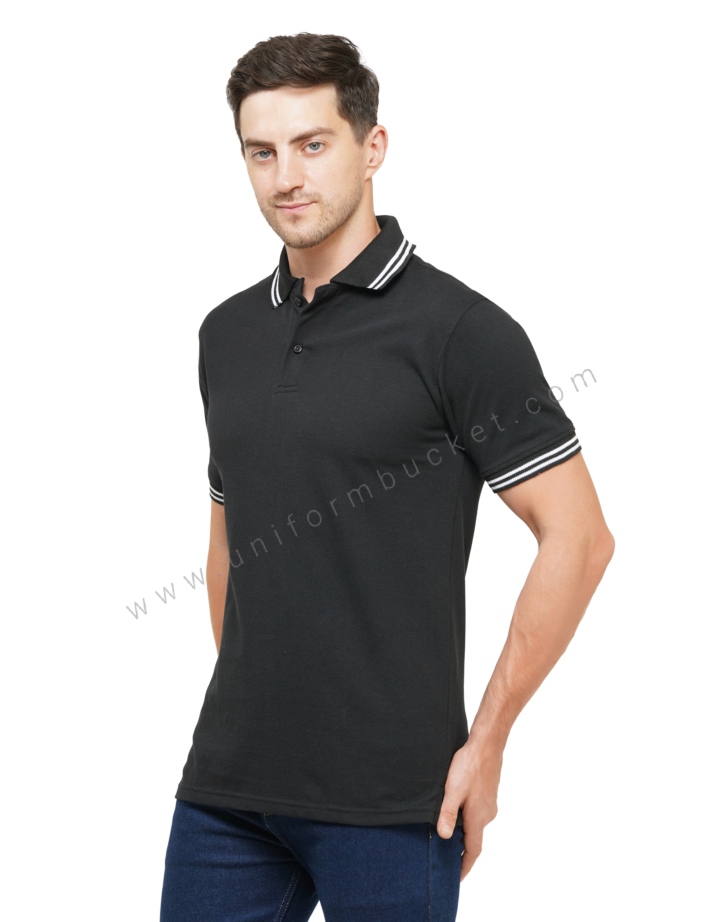 BLACK T-SHIRT WITH COLLAR & SLEEVE  WHITE TIPPING thumbnail 2