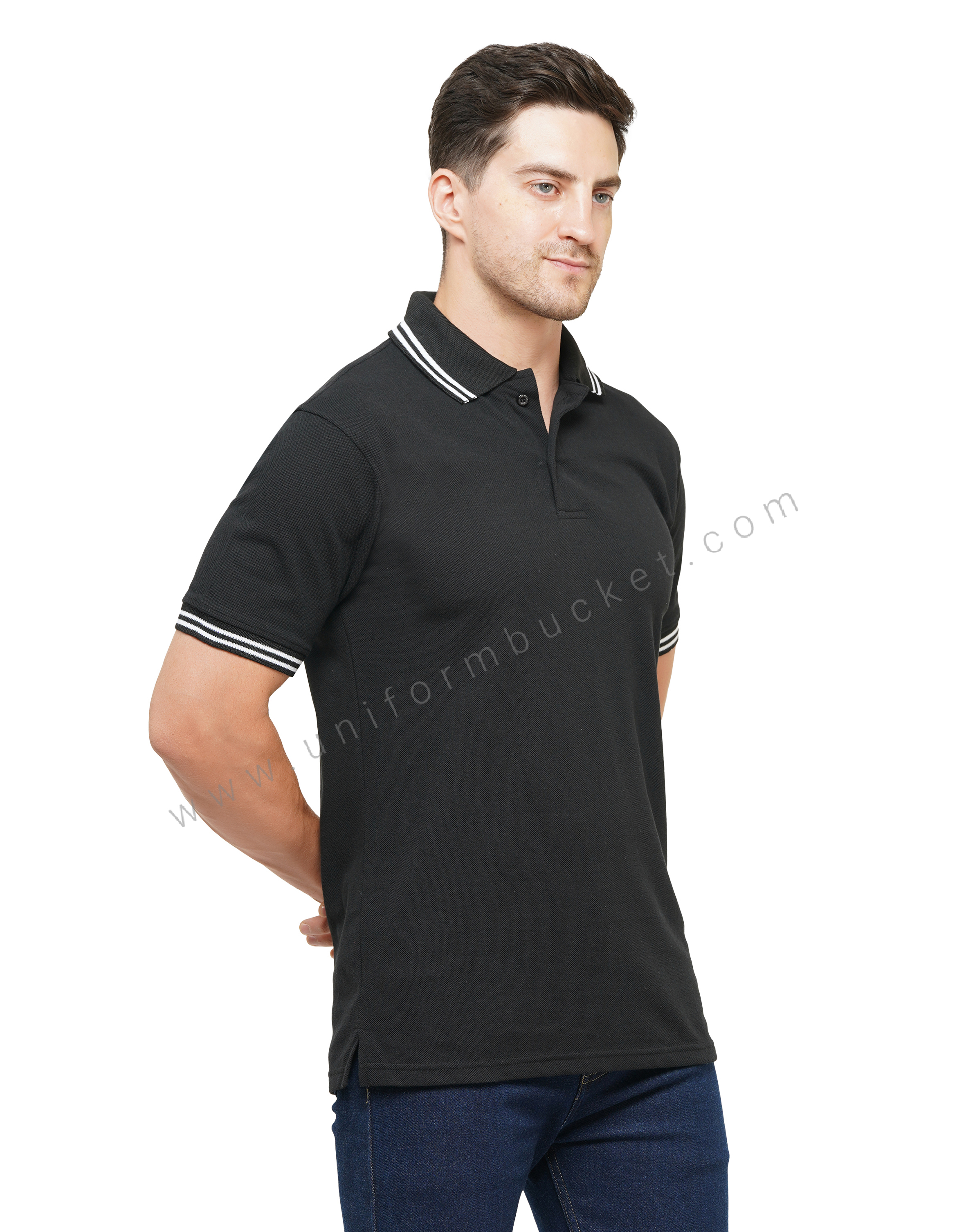BLACK T-SHIRT WITH COLLAR & SLEEVE  WHITE TIPPING thumbnail 3