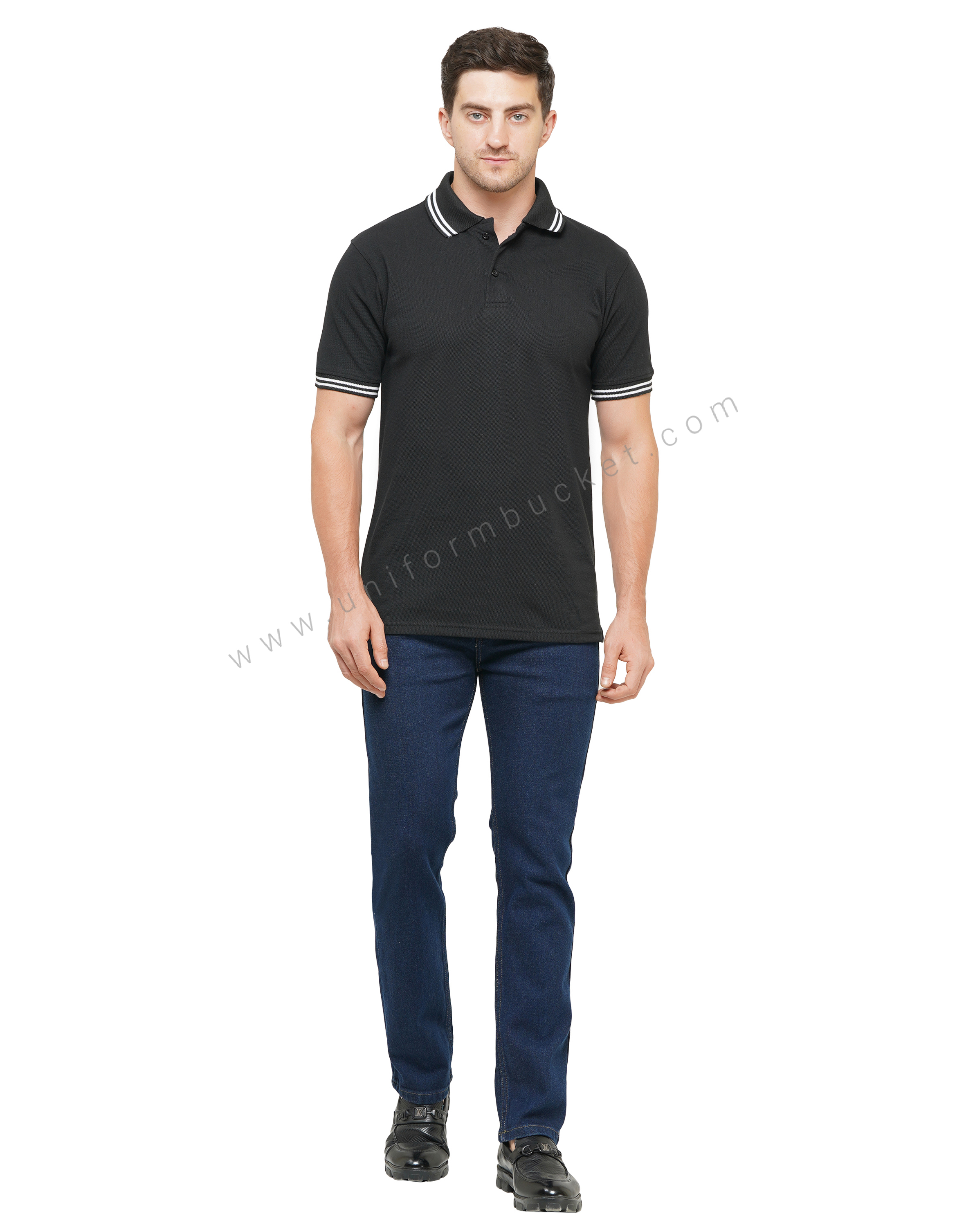 BLACK T-SHIRT WITH COLLAR & SLEEVE  WHITE TIPPING thumbnail 4