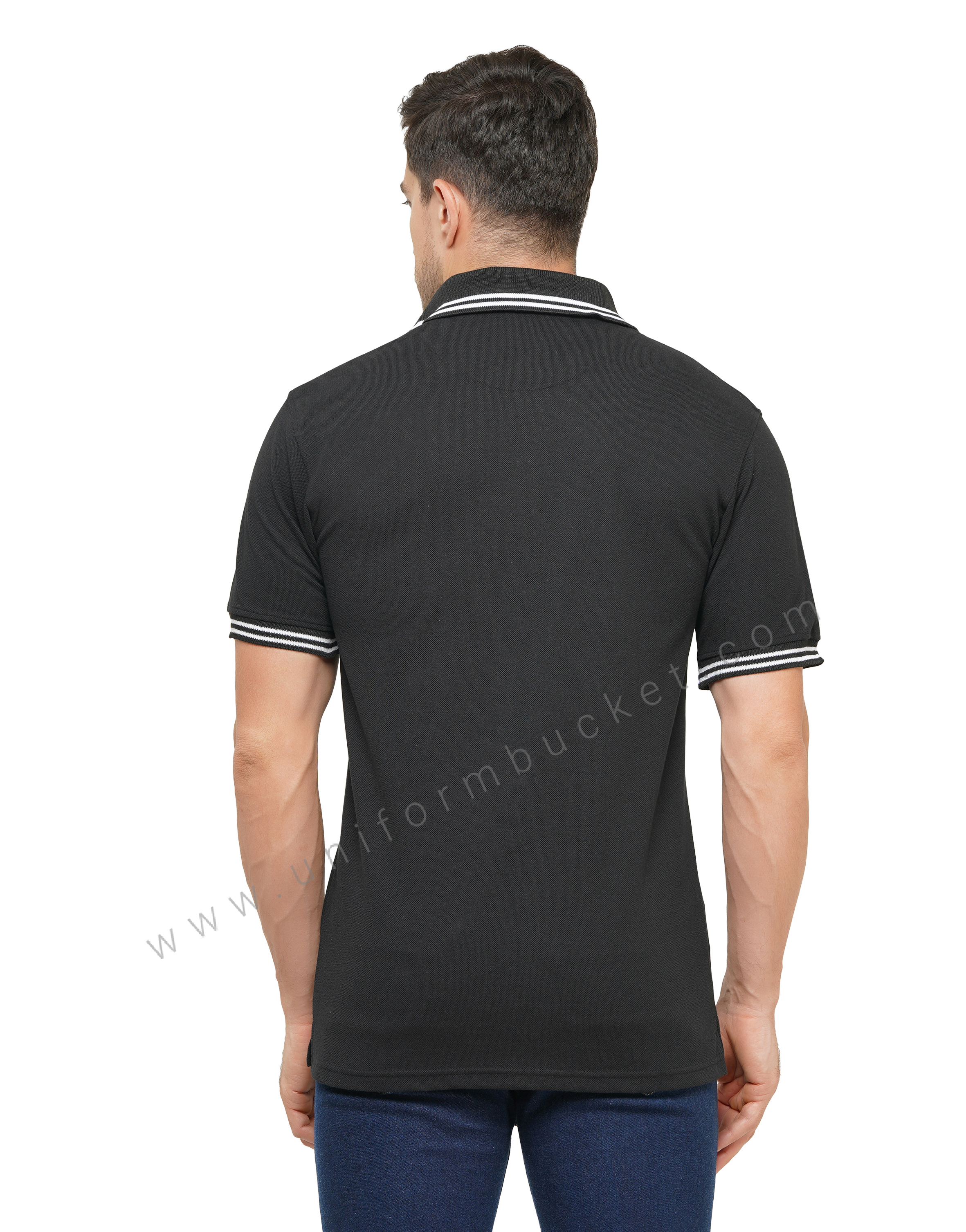 BLACK T-SHIRT WITH COLLAR & SLEEVE  WHITE TIPPING thumbnail 5
