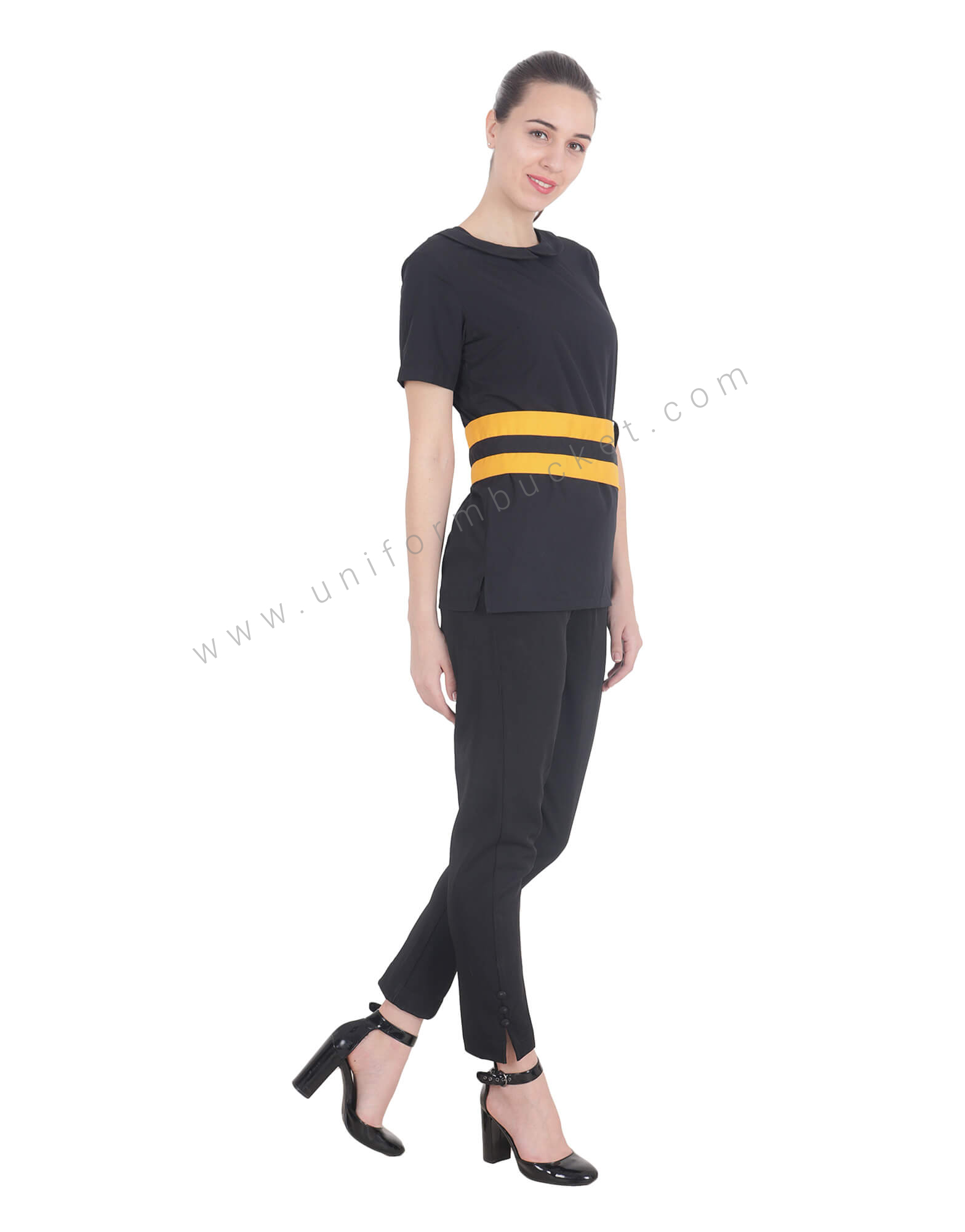 Black Tunic With Mustard Pattern Belt view 1