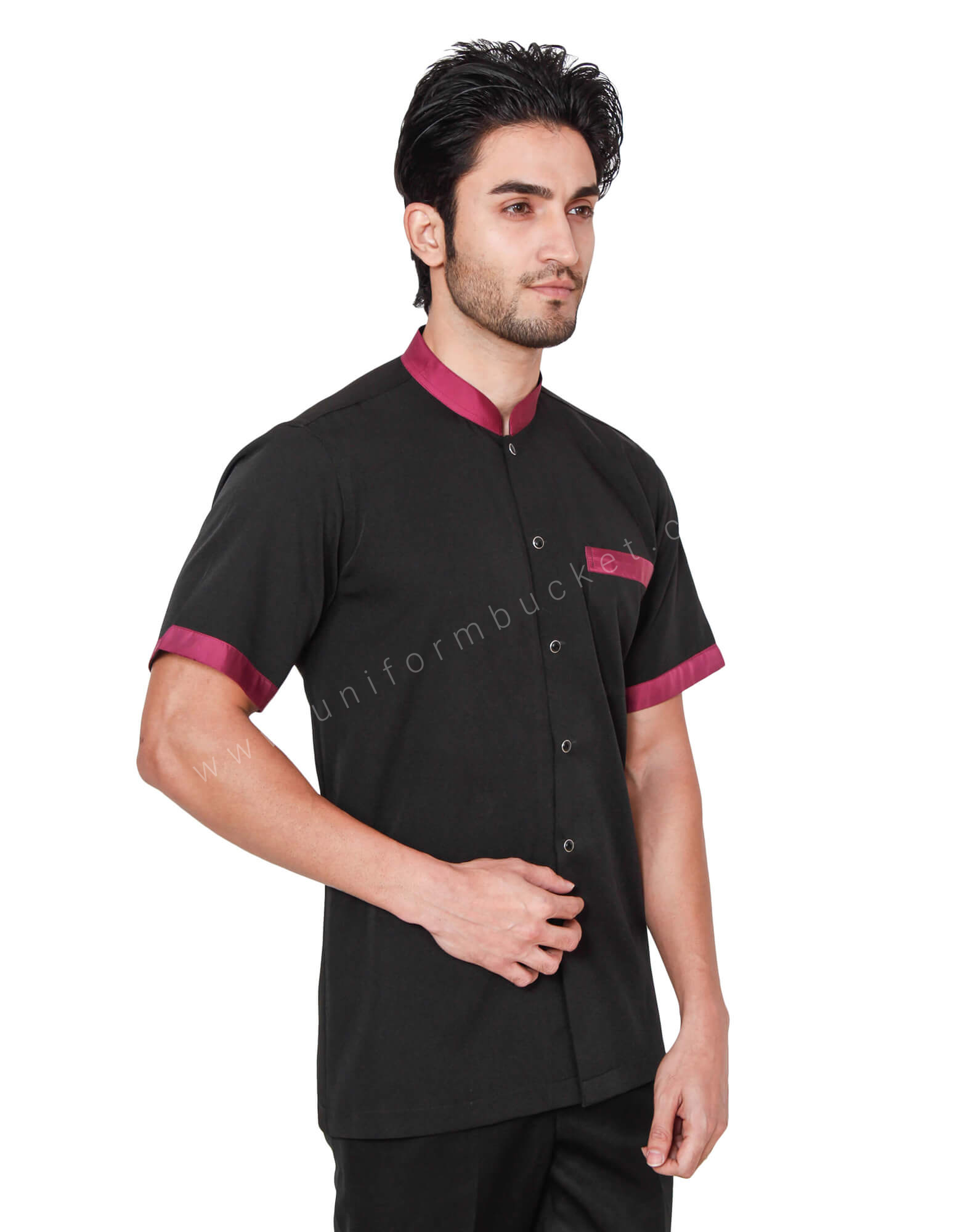 Ban Collar Black Shirt With Maroon Trims view 1