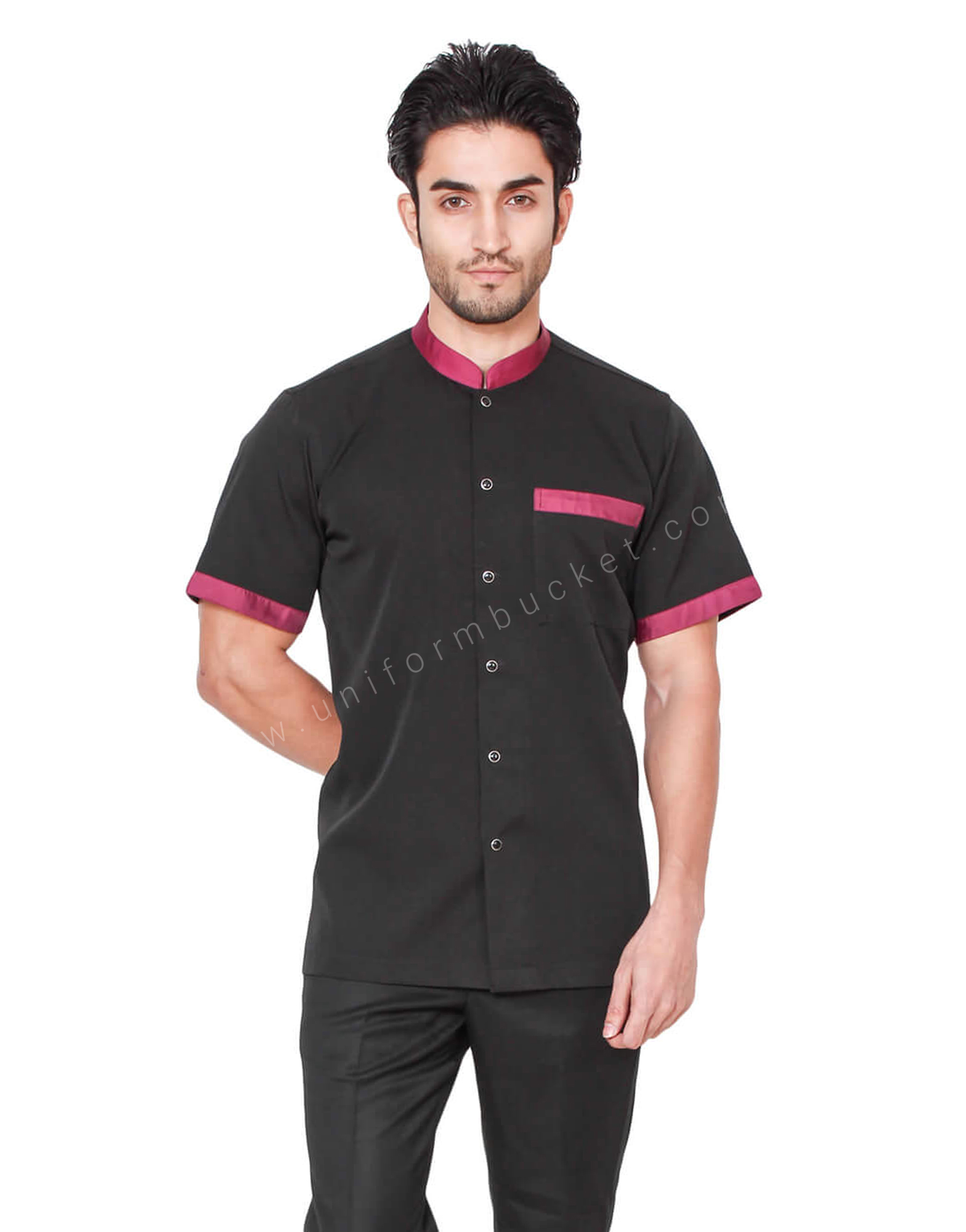 Ban Collar Black Shirt With Maroon Trims thumbnail 2
