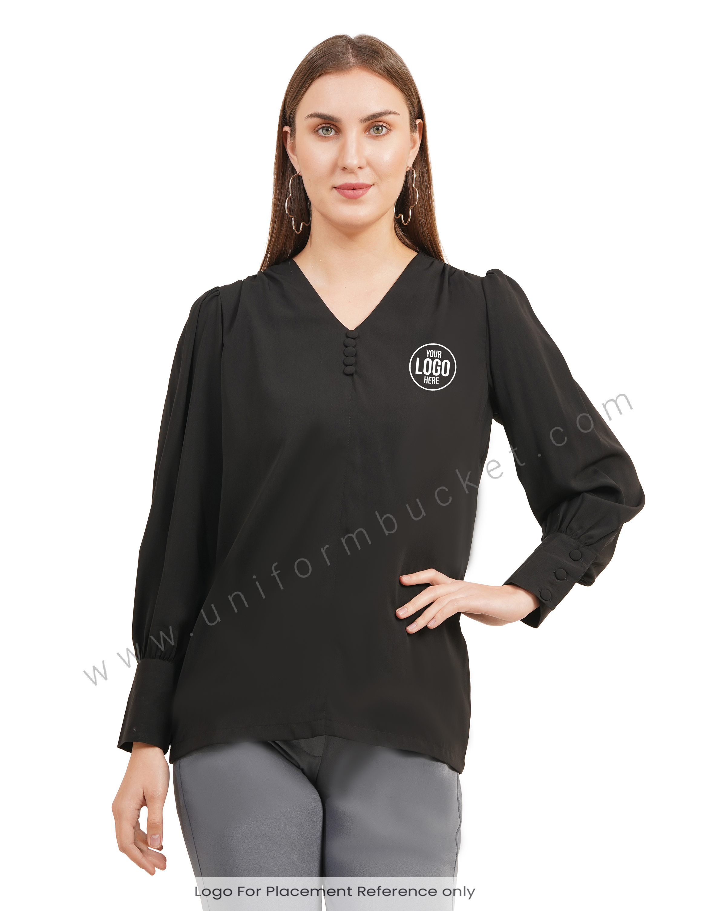 black v neck dummy button top with stylish sleeve view 1