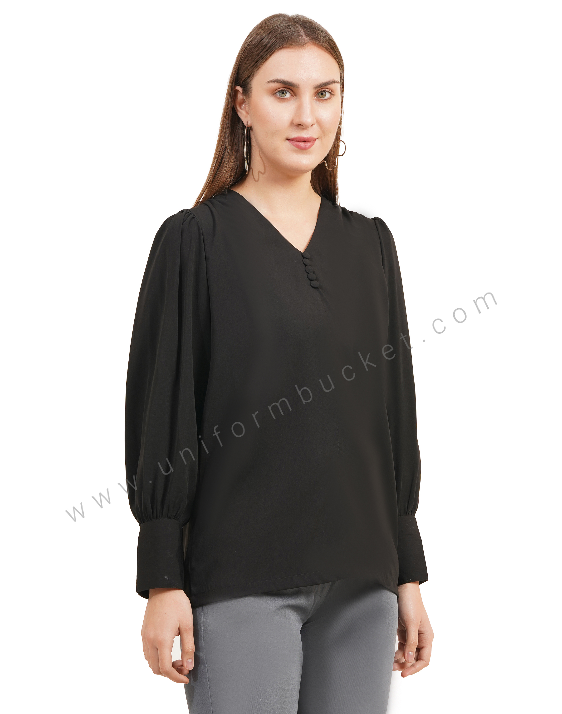 black v neck dummy button top with stylish sleeve thumbnail 2