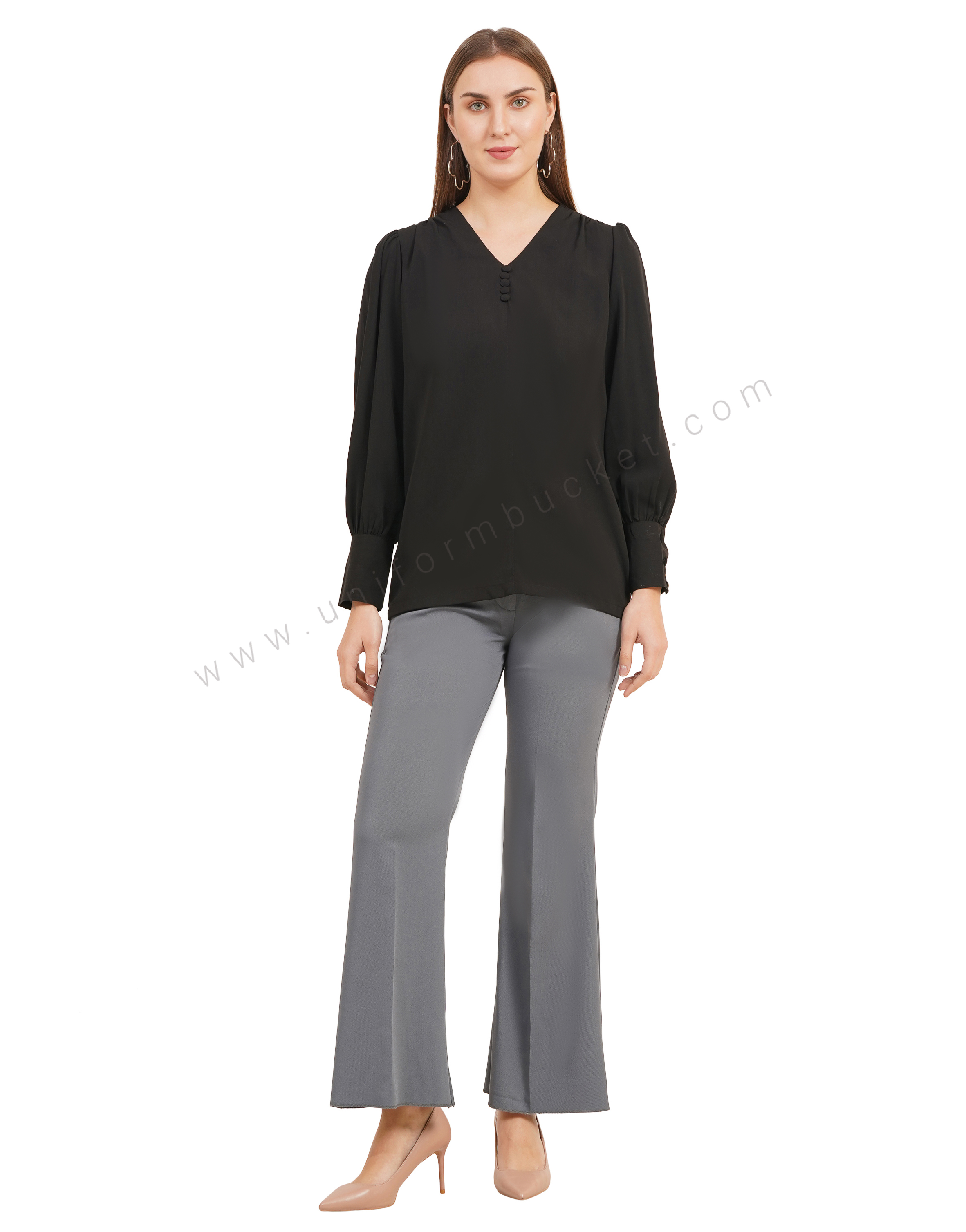 black v neck dummy button top with stylish sleeve thumbnail 3