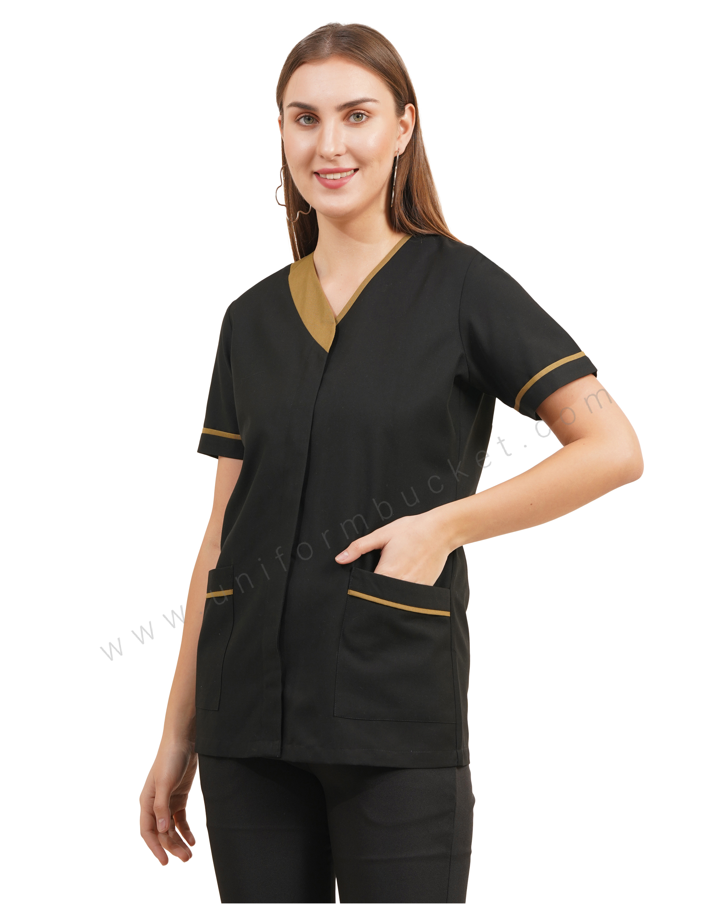 Black V-Neck Salon Tunic with Contrast Khaki Trim for female thumbnail 2
