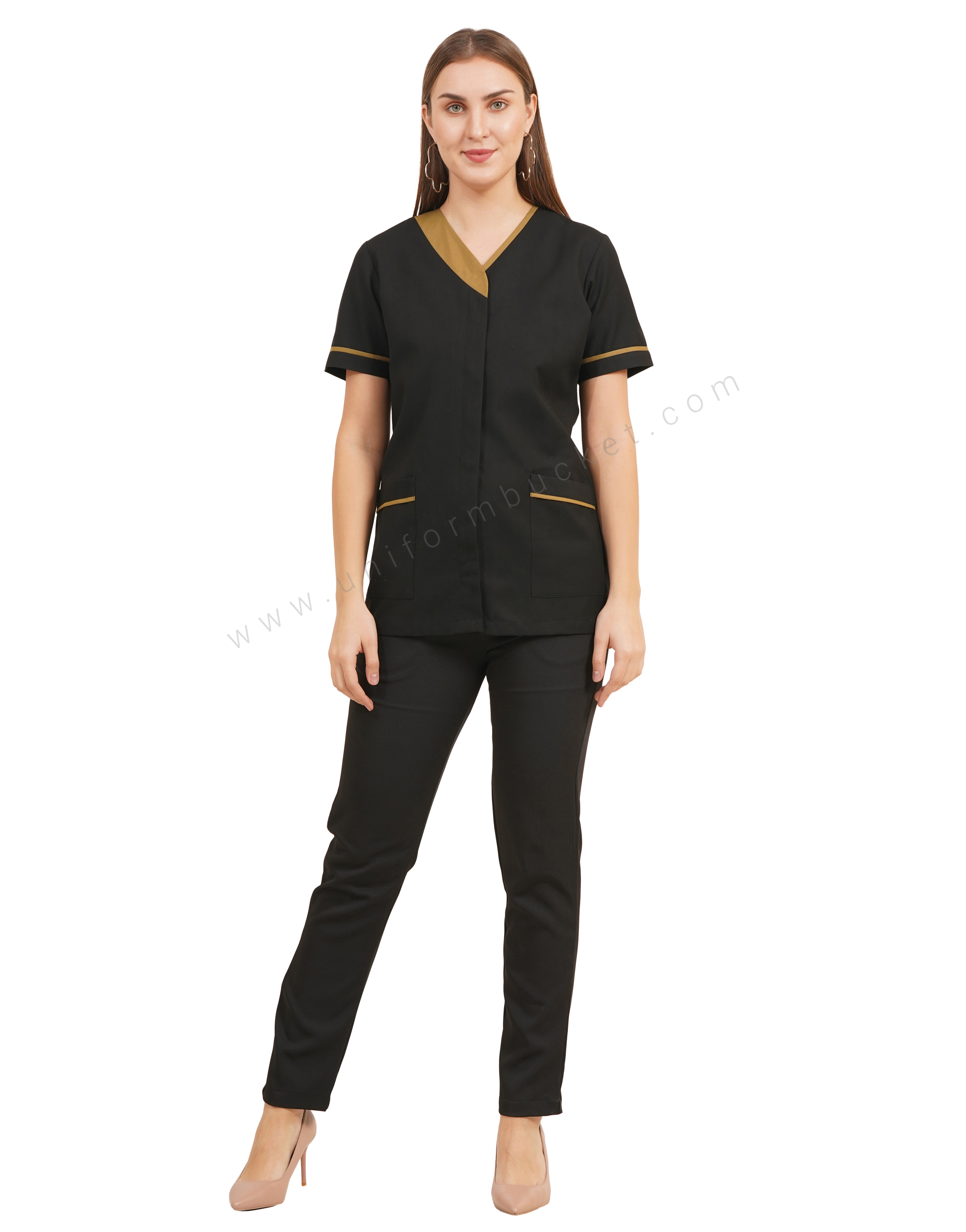 Black V-Neck Salon Tunic with Contrast Khaki Trim for female thumbnail 4