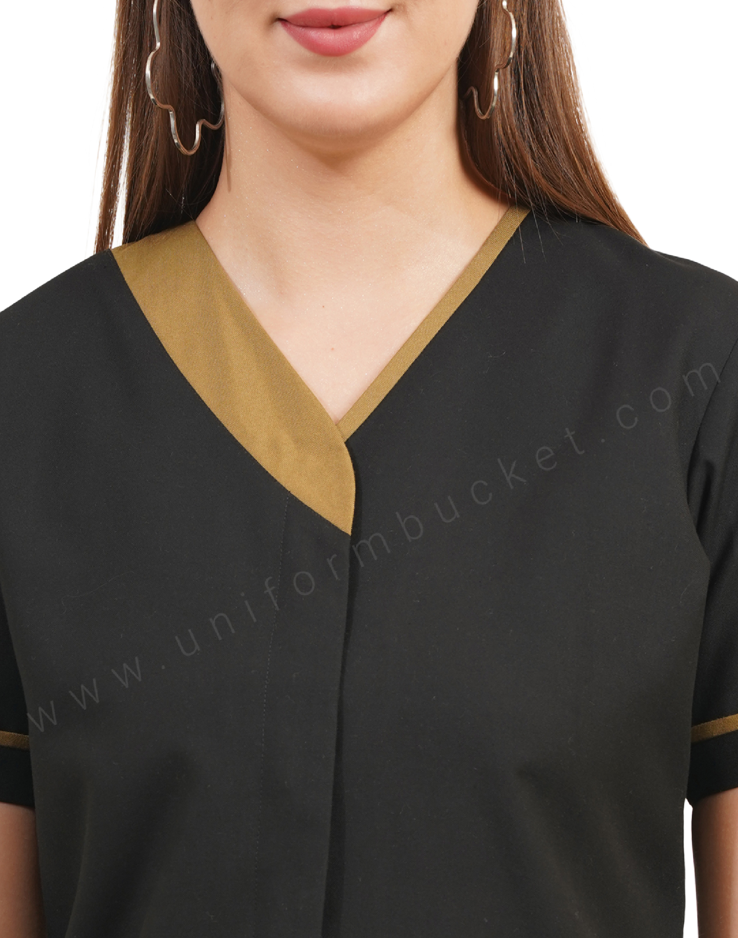 Black V-Neck Salon Tunic with Contrast Khaki Trim for female thumbnail 7