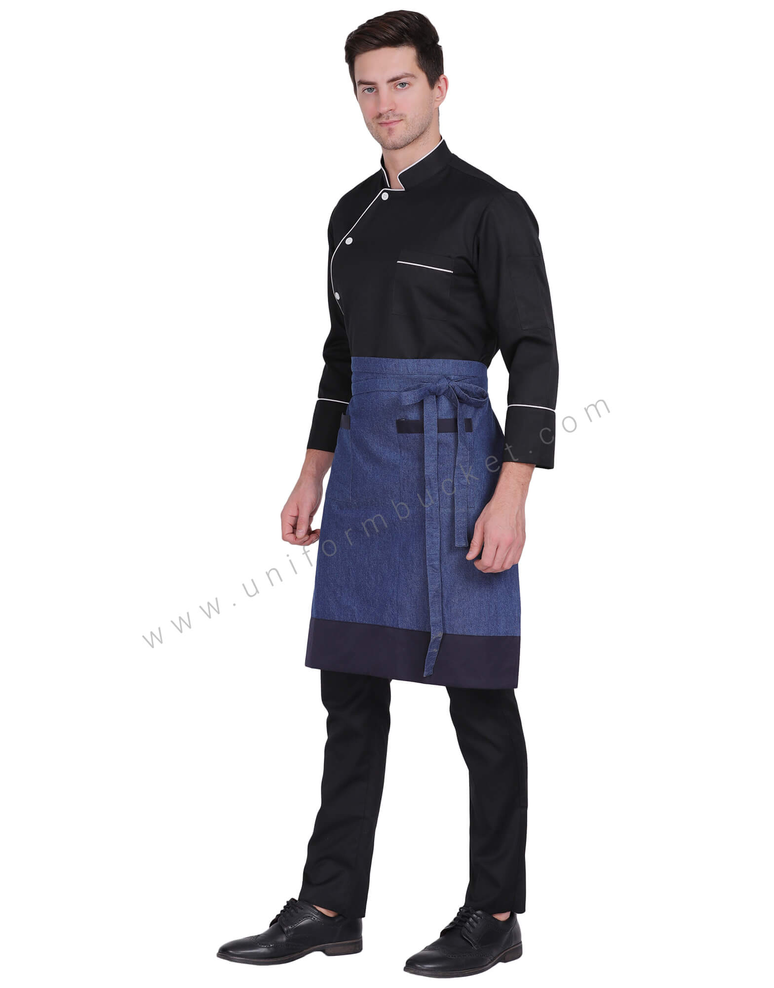 BLUE DENIM APRON WITH NAVY BLUE BOTTOM thumbnail 3