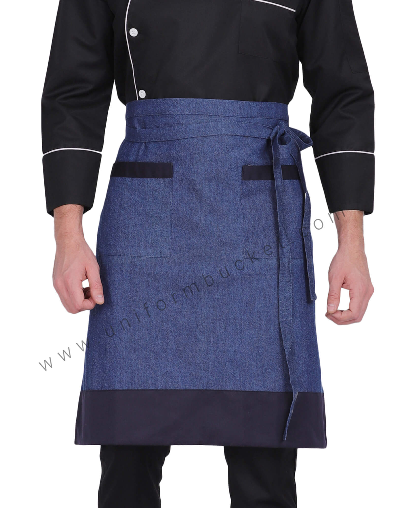 BLUE DENIM APRON WITH NAVY BLUE BOTTOM thumbnail 2