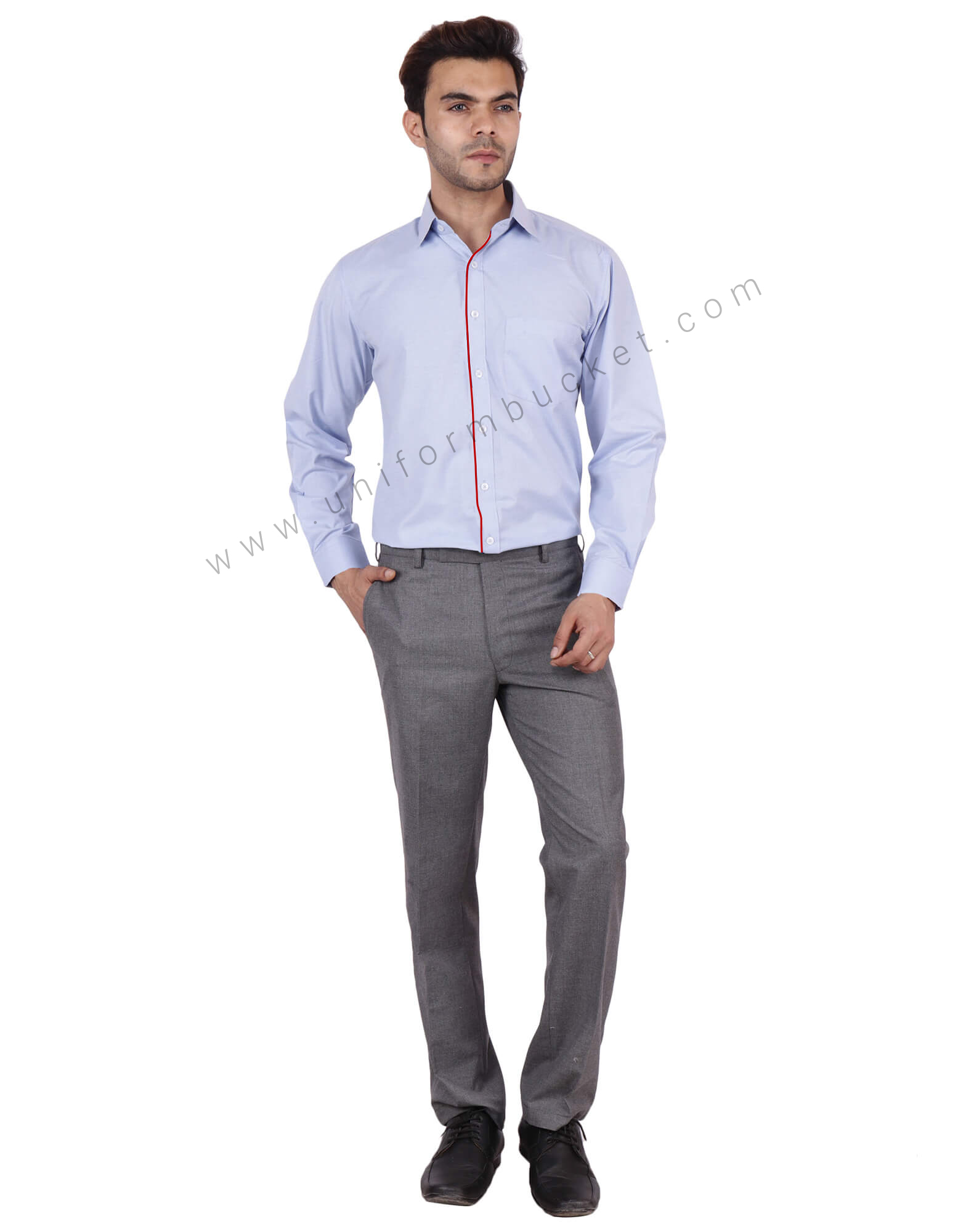 Blue Fil a Fil Uniform Shirt With Red Trim thumbnail 2