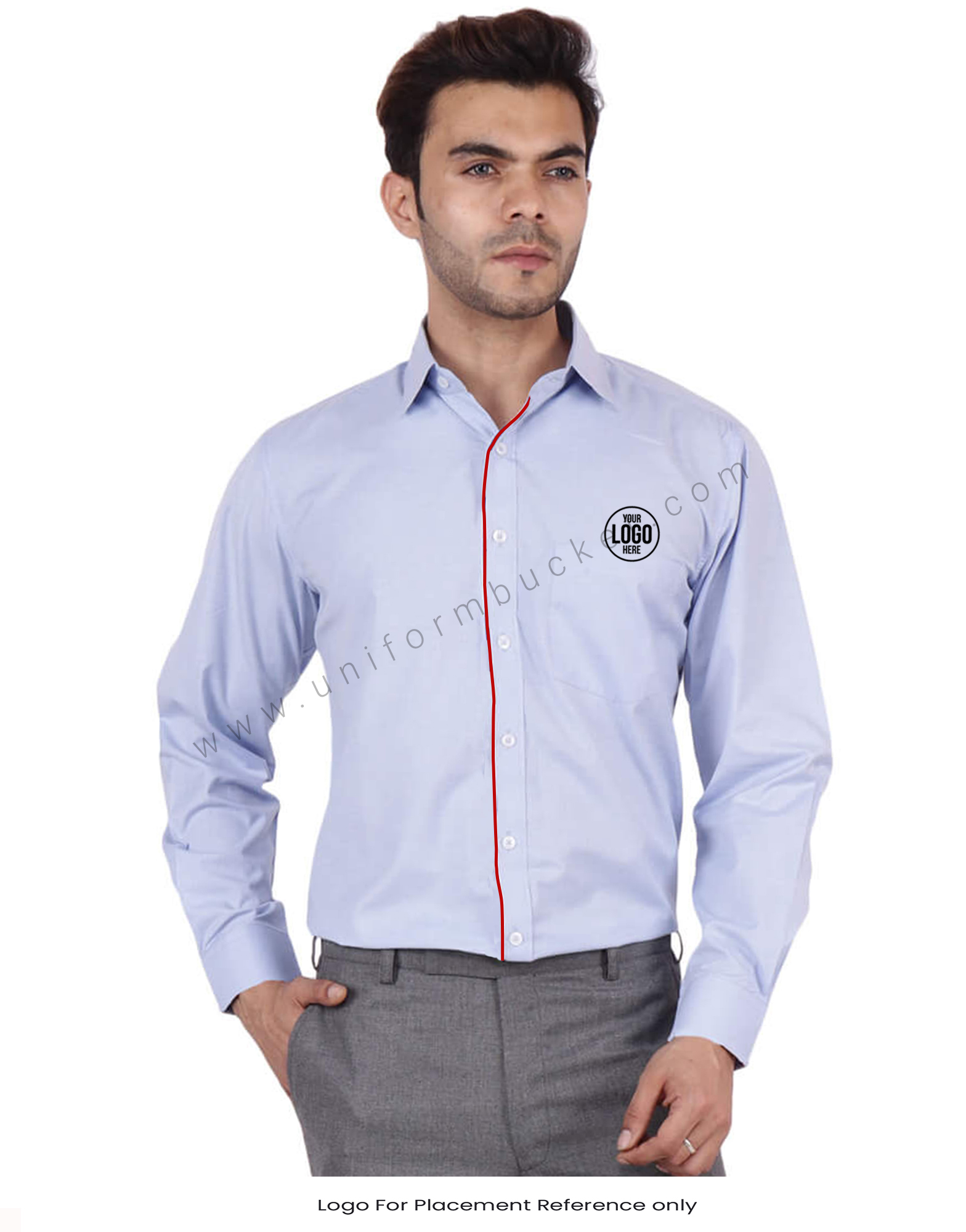 Blue Fil a Fil Uniform Shirt With Red Trim thumbnail 4