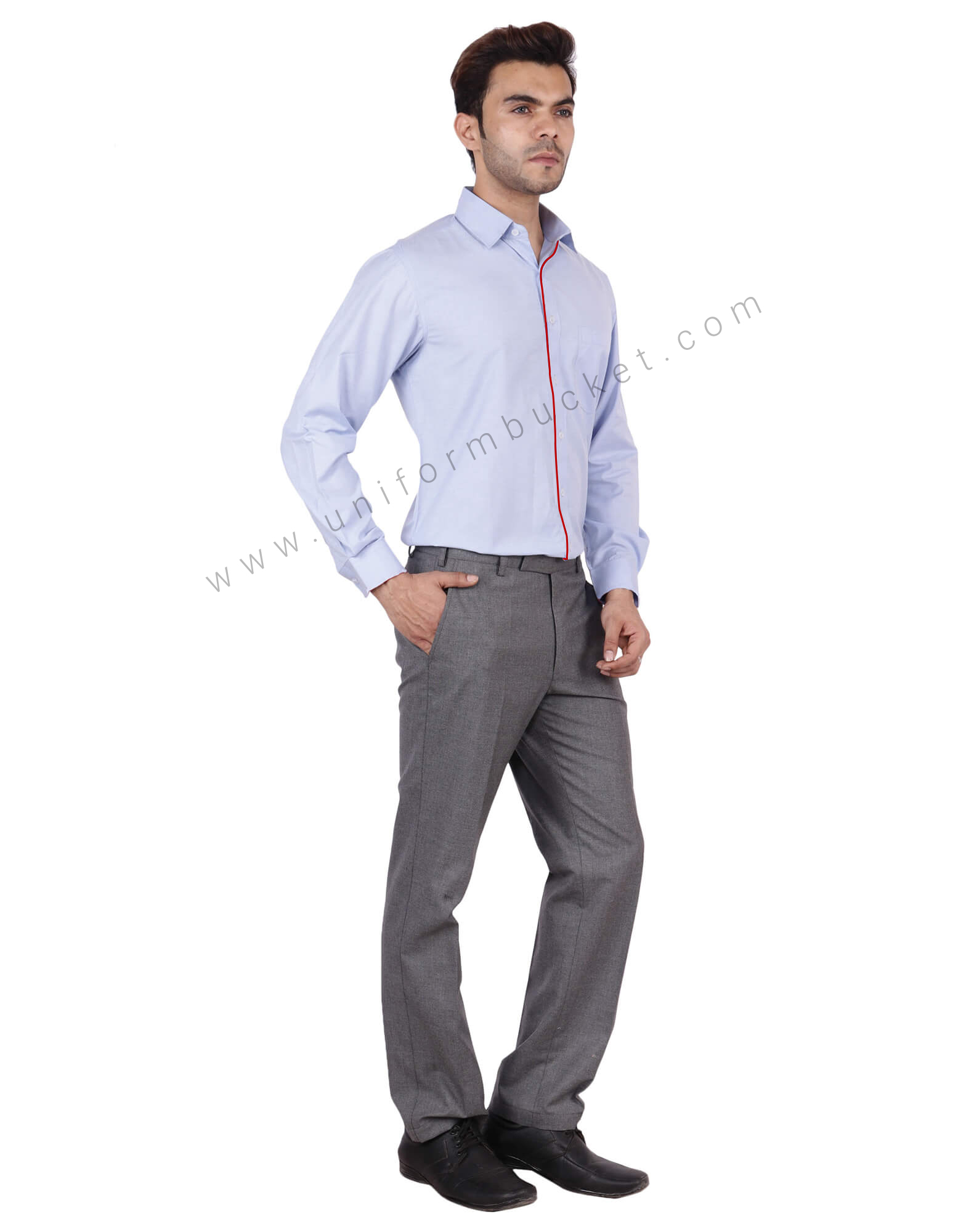 Blue Fil a Fil Uniform Shirt With Red Trim thumbnail 3