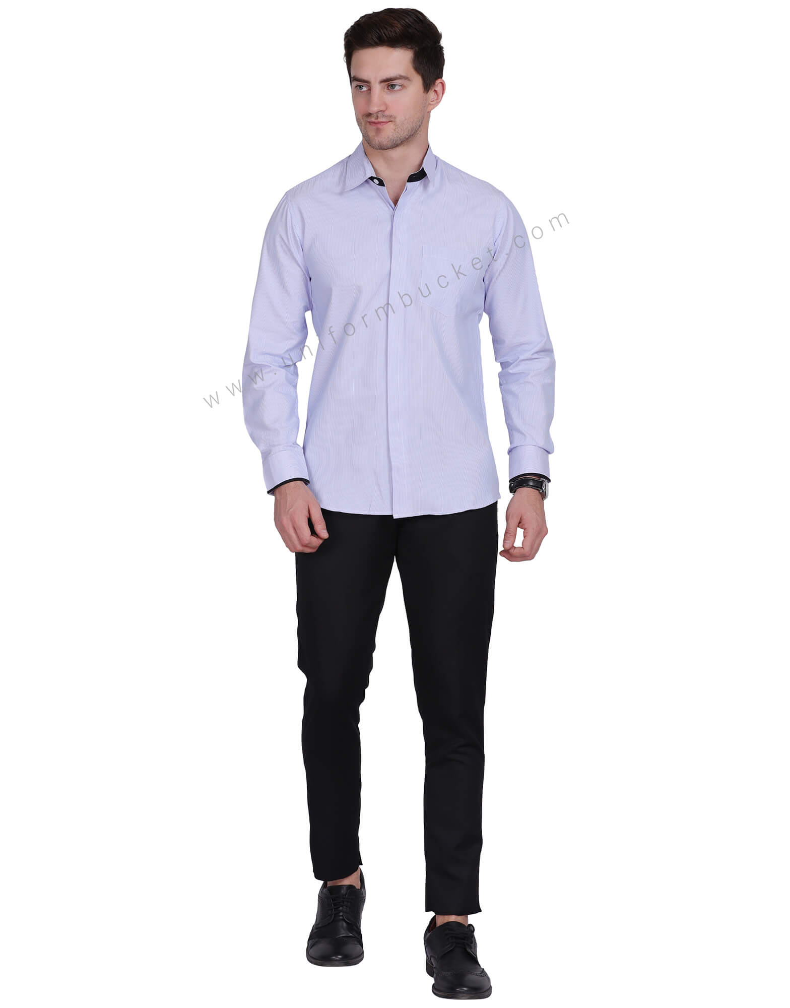 BLUE & WHITE LINING HIDDEN PLACKET SHIRT WITH BLACK TRIM thumbnail 2