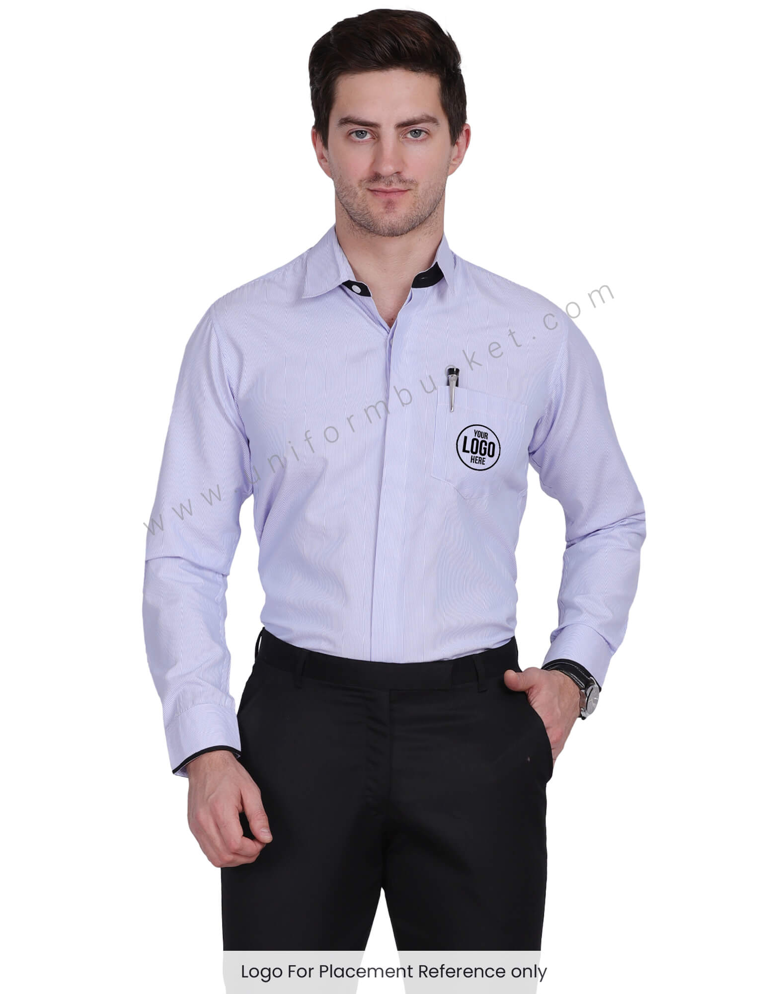 BLUE & WHITE LINING HIDDEN PLACKET SHIRT WITH BLACK TRIM view 1