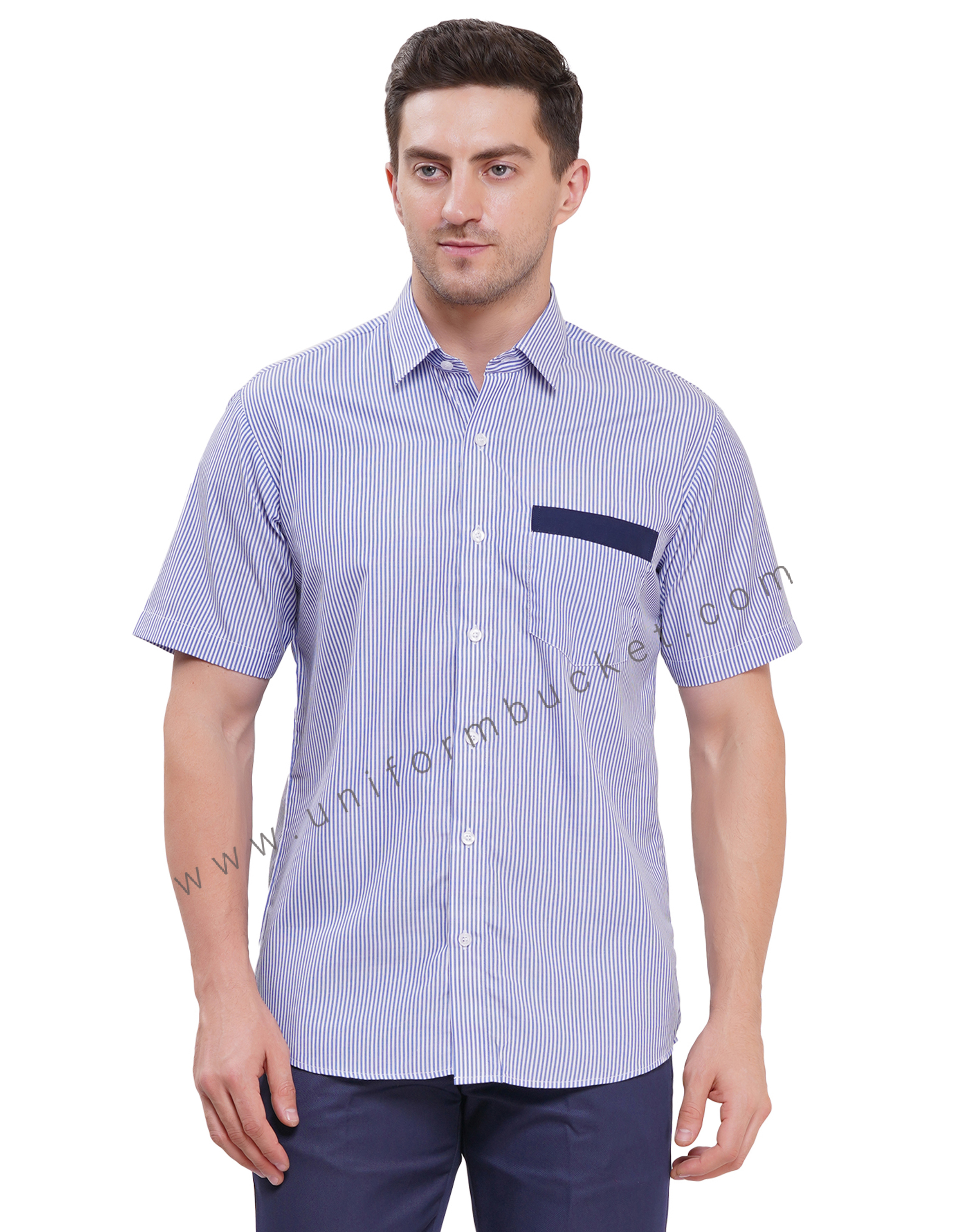 BLUE & WHITE LINING HOUSEKEEPING SHIRT WITH NAVY BLUE TRIM view 1