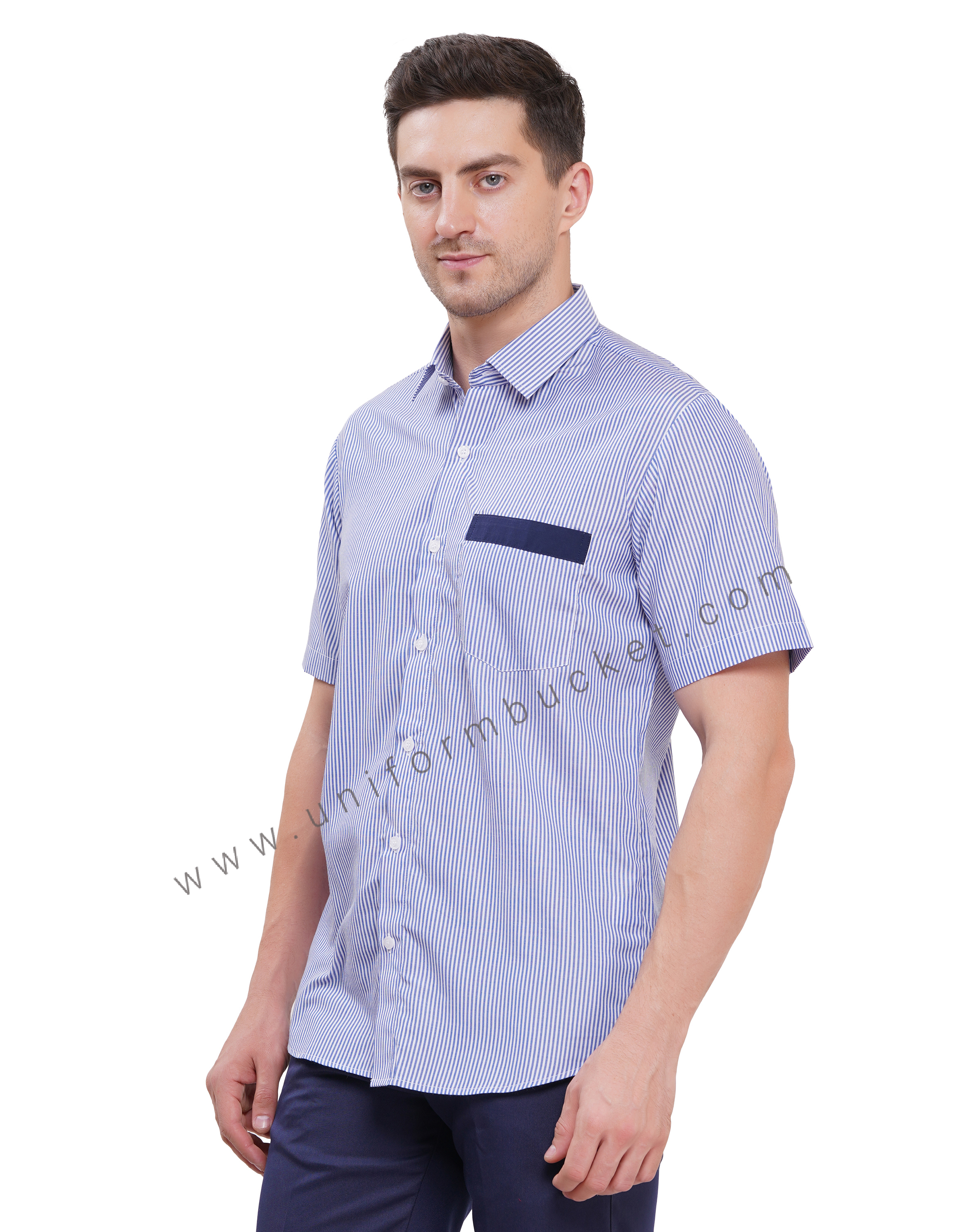 BLUE & WHITE LINING HOUSEKEEPING SHIRT WITH NAVY BLUE TRIM thumbnail 2