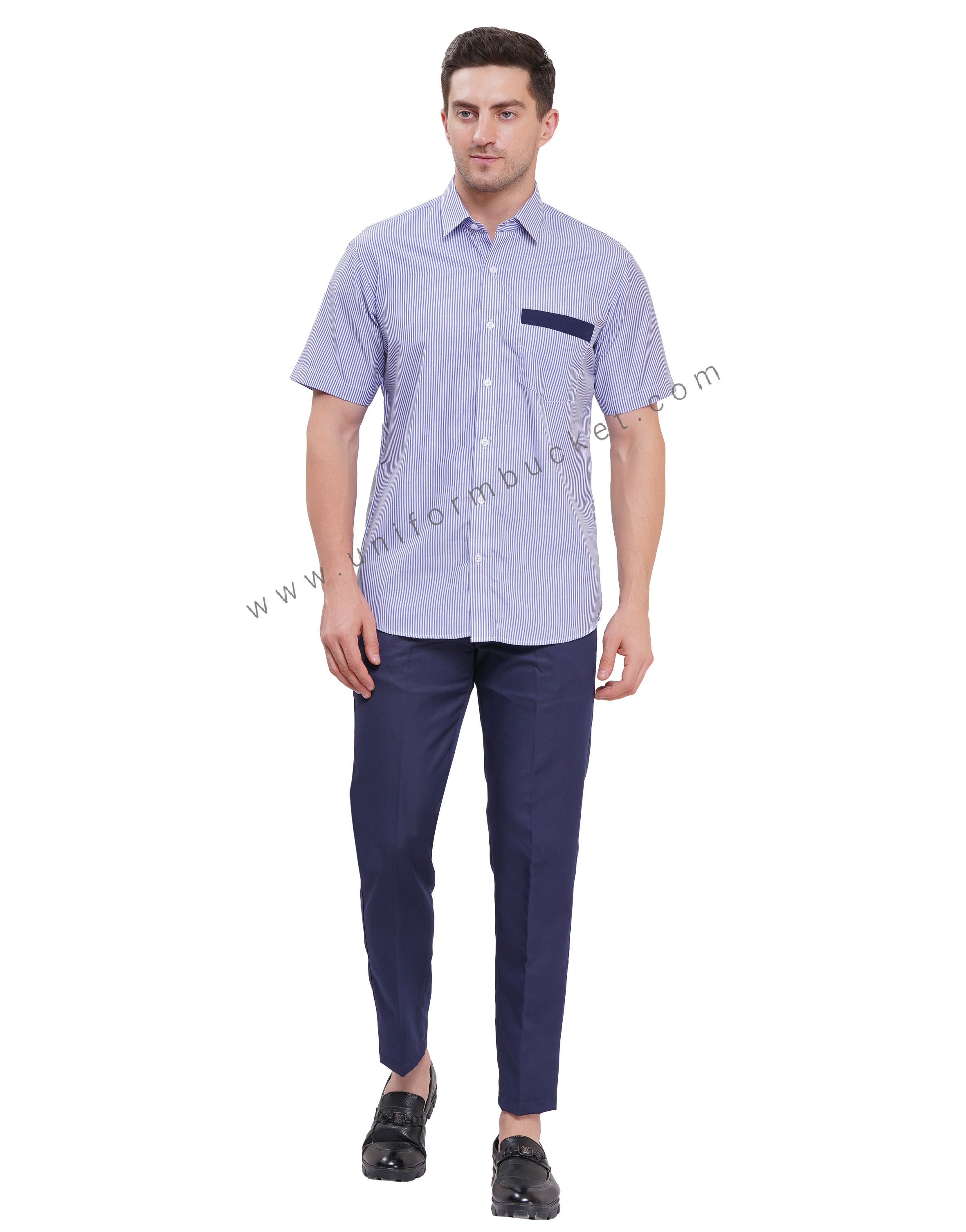 BLUE & WHITE LINING HOUSEKEEPING SHIRT WITH NAVY BLUE TRIM thumbnail 3