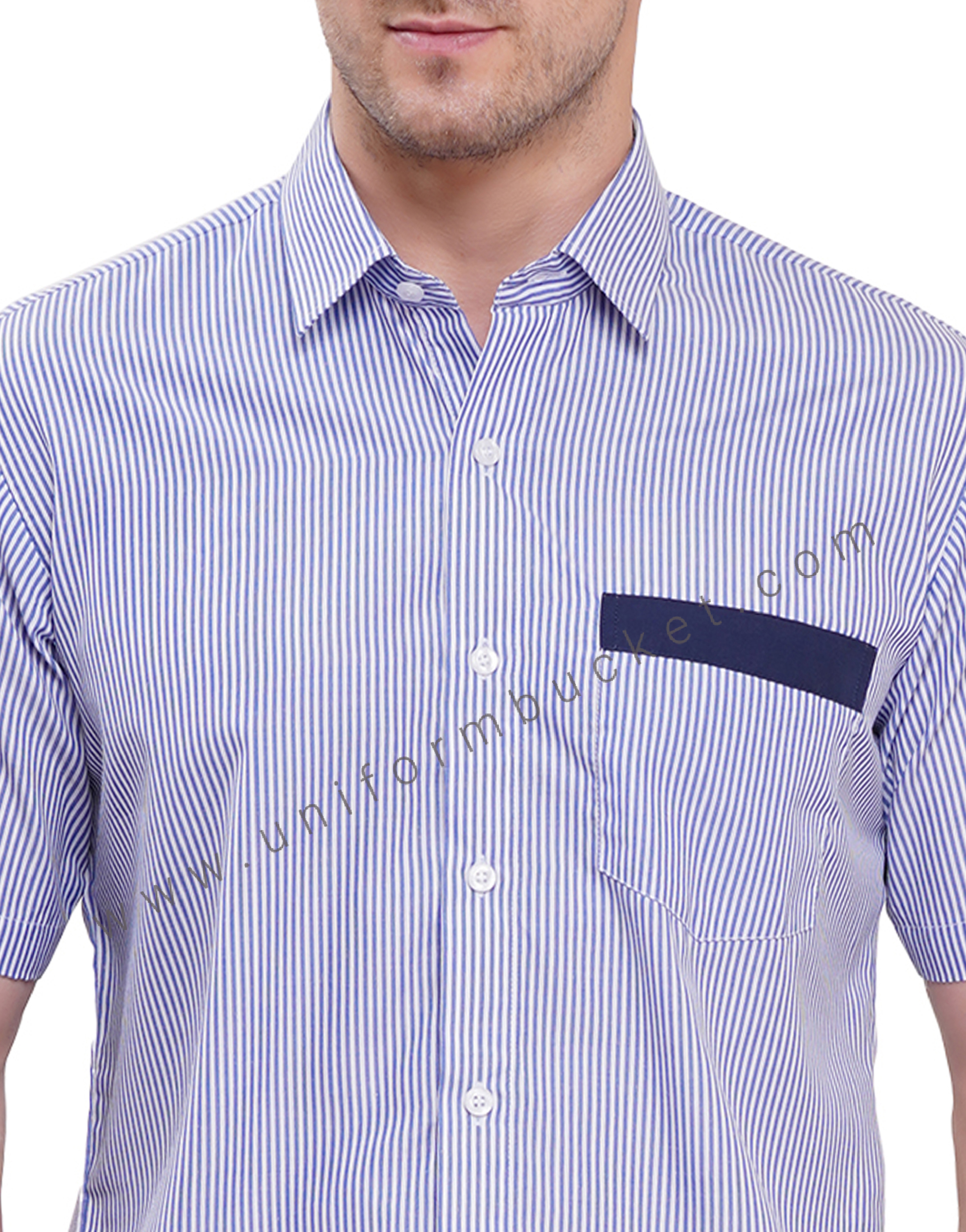 BLUE & WHITE LINING HOUSEKEEPING SHIRT WITH NAVY BLUE TRIM thumbnail 5