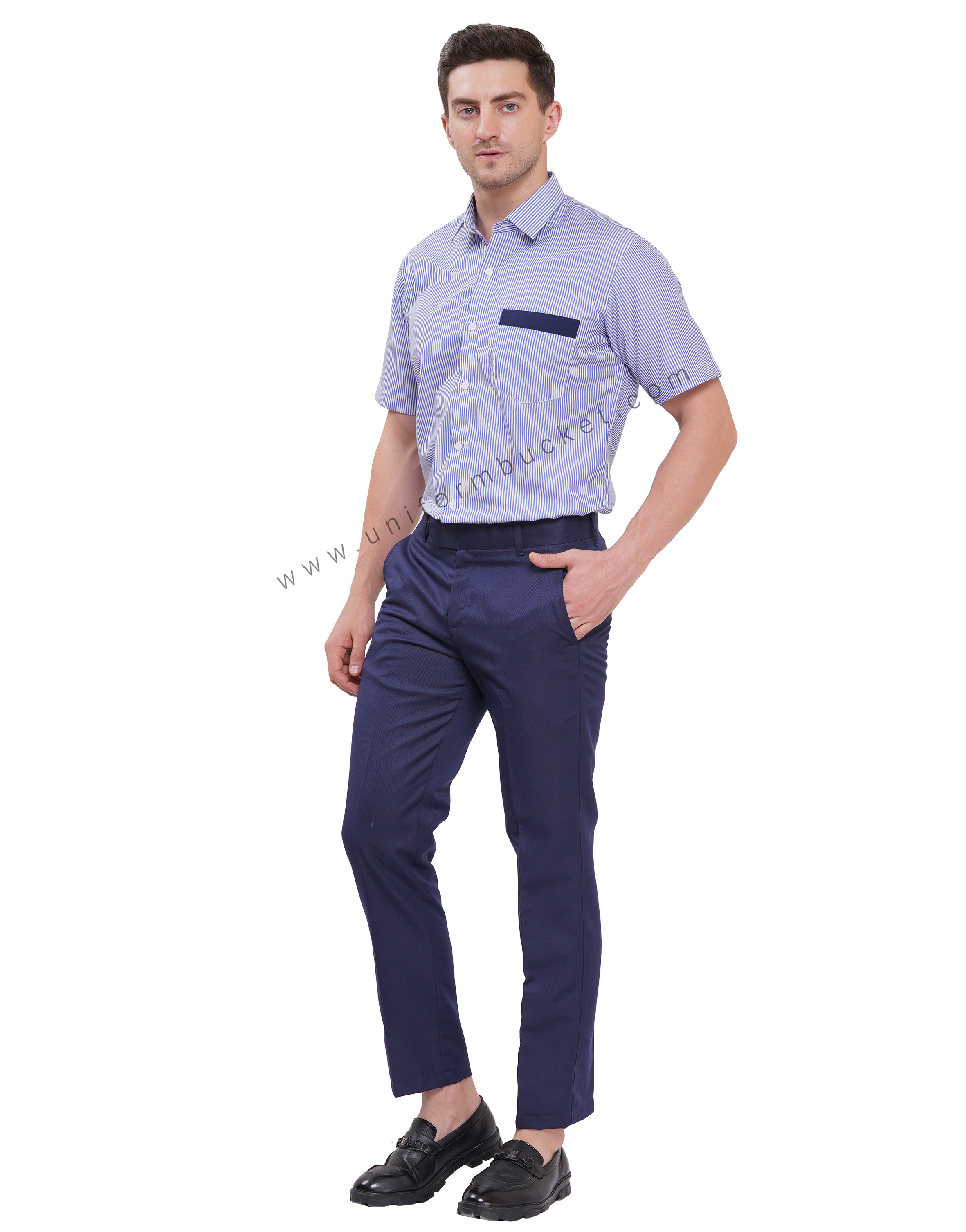 BLUE & WHITE LINING HOUSEKEEPING SHIRT WITH NAVY BLUE TRIM thumbnail 6