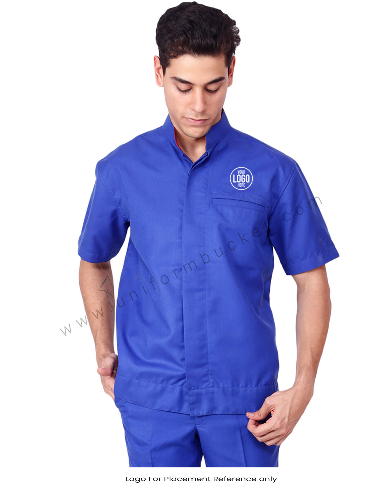 Blue Workwear Shirt With Band Collar For Men thumbnail 3
