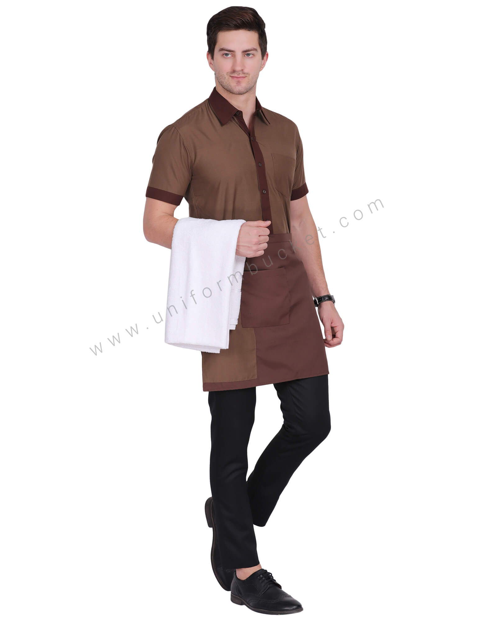 Brown short waiter apron with Light Brown Trim thumbnail 2
