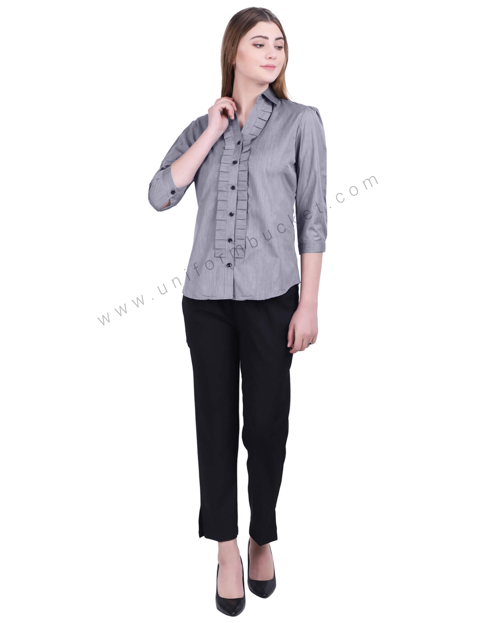 Black Button- Down Grey Shirt With Ruffles thumbnail 3