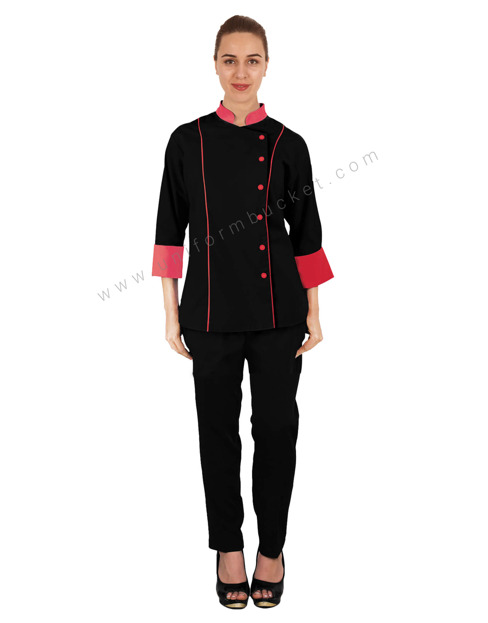Black Chef Coat With Cherry Red Trim For Women view 1