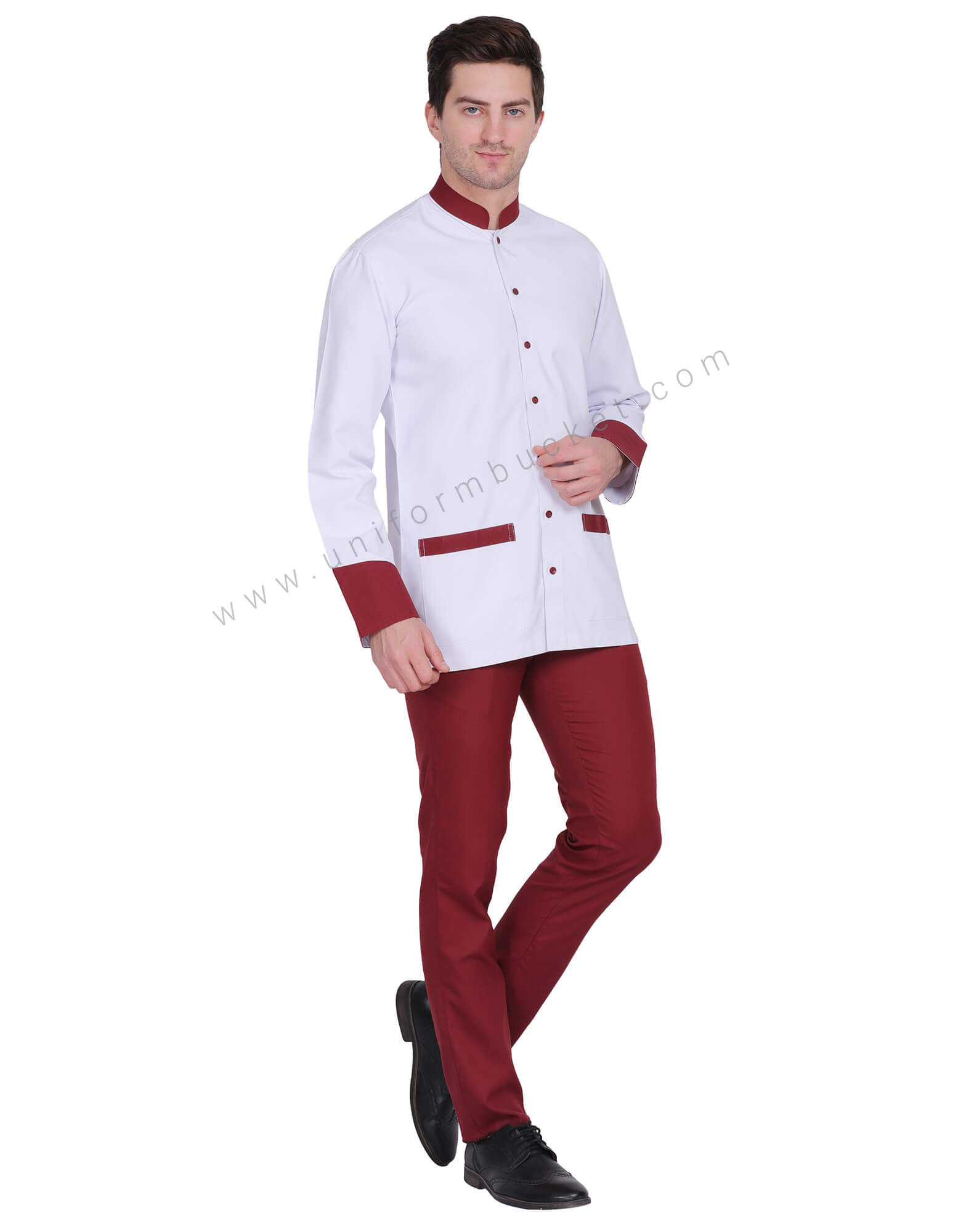 Classic Chef Coat With Maroon Trim thumbnail 3