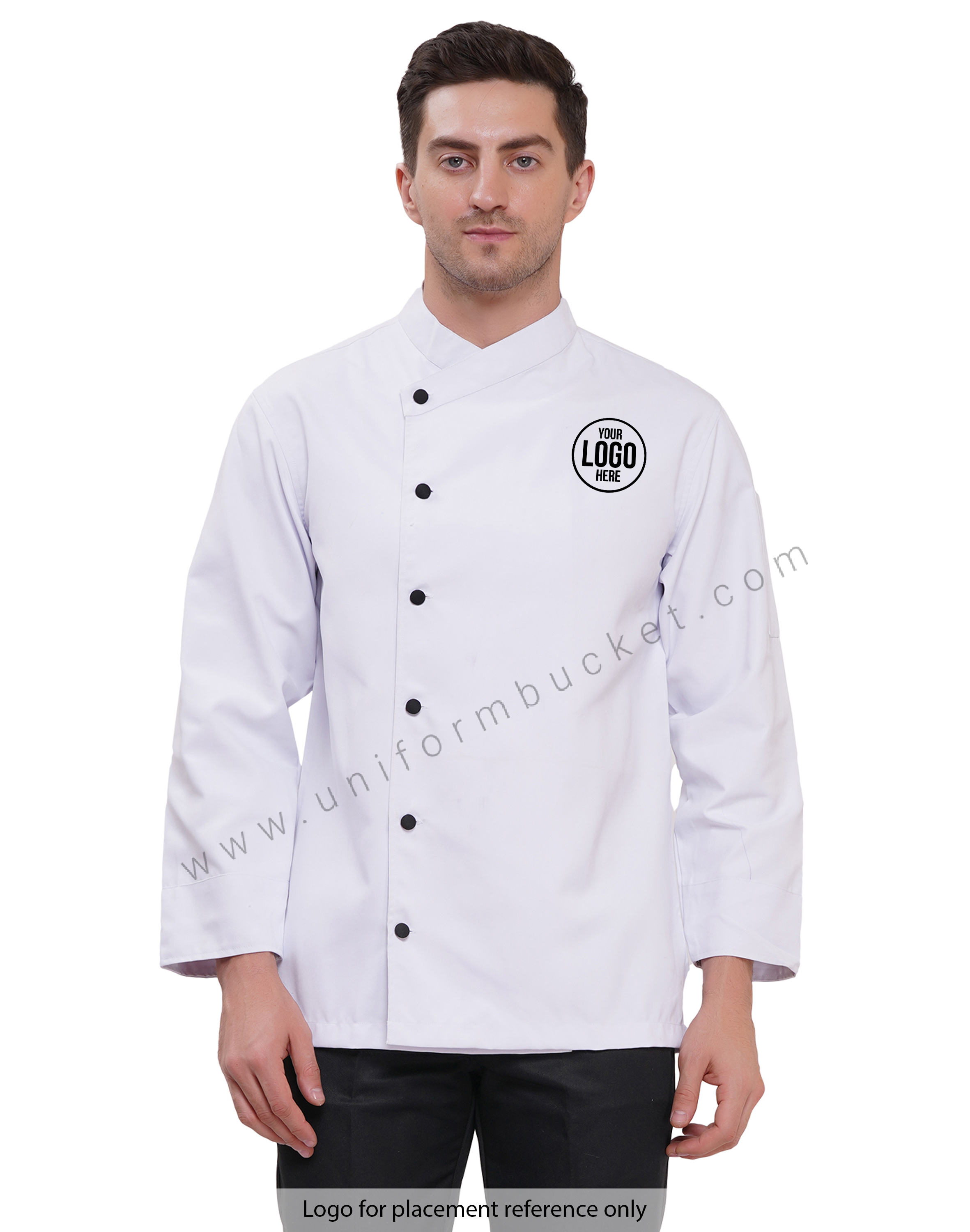 CROSS  NECK MALE WHITE  PLAIN CHEF COAT WITH BLACK BUTTON view 1