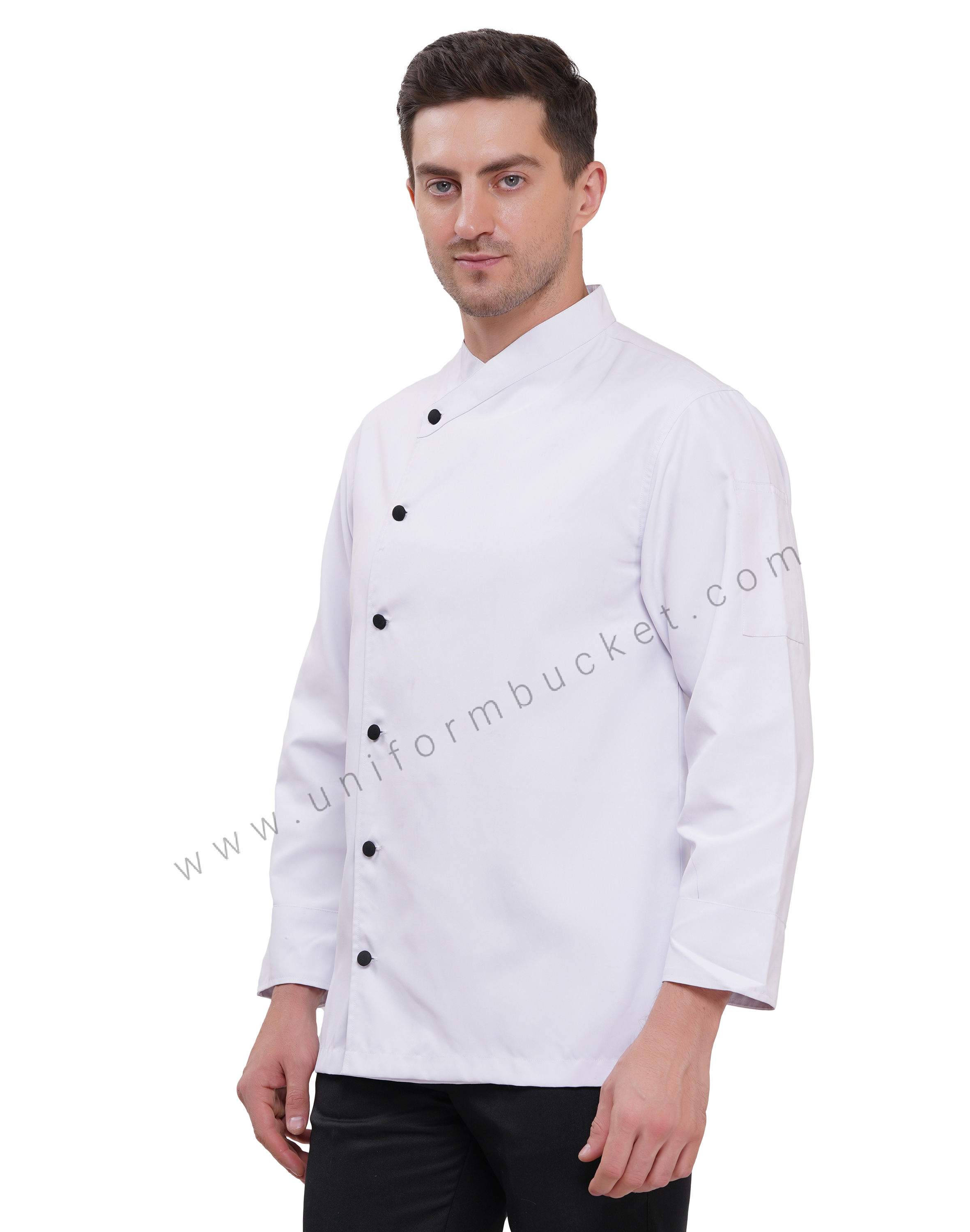 CROSS  NECK MALE WHITE  PLAIN CHEF COAT WITH BLACK BUTTON thumbnail 2