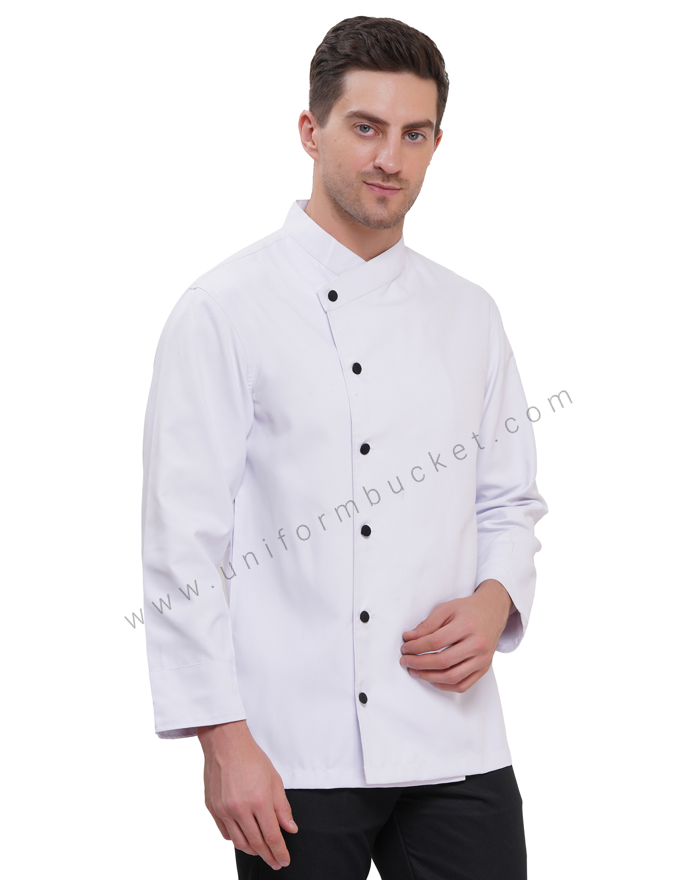 CROSS  NECK MALE WHITE  PLAIN CHEF COAT WITH BLACK BUTTON thumbnail 3