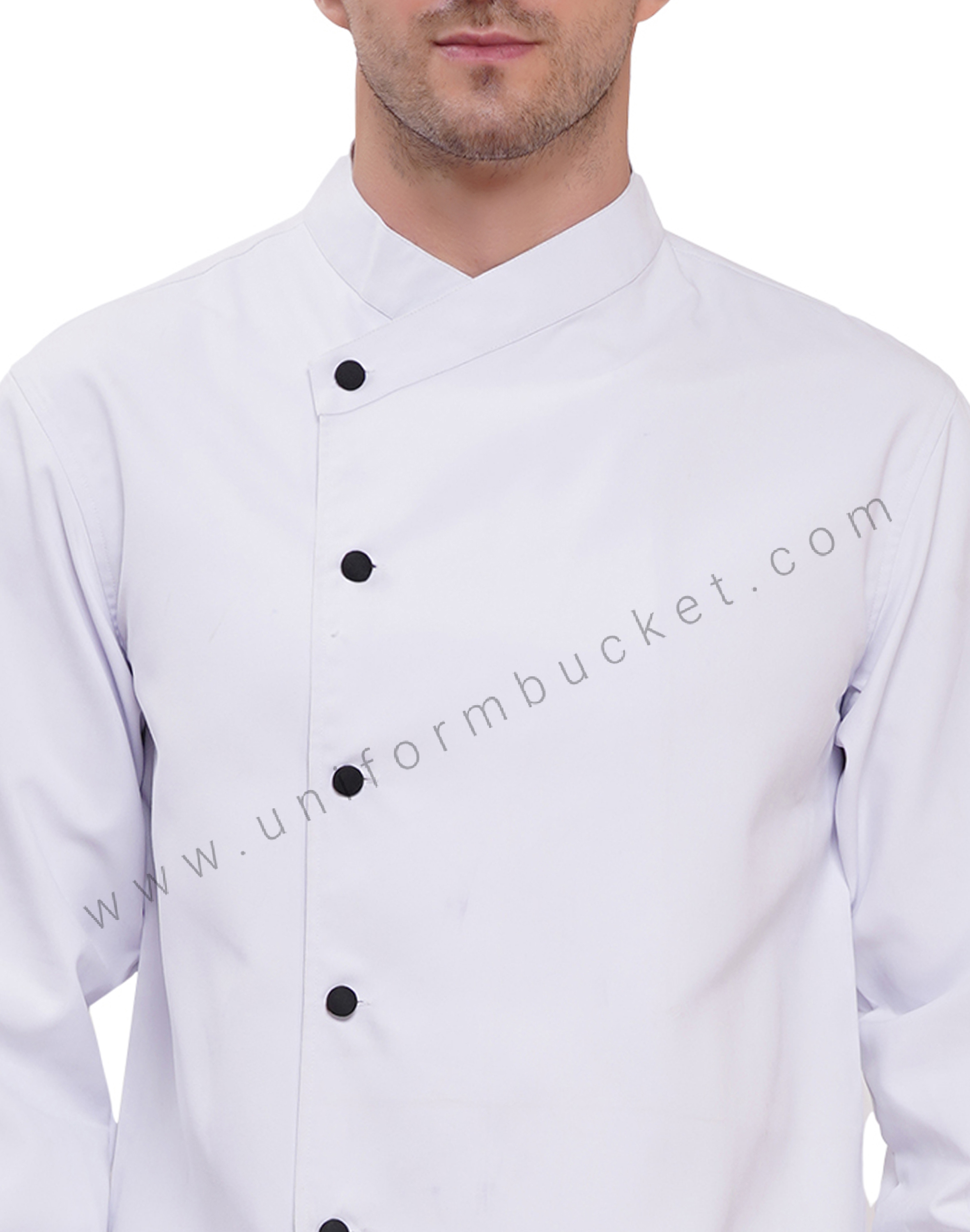 CROSS  NECK MALE WHITE  PLAIN CHEF COAT WITH BLACK BUTTON thumbnail 5