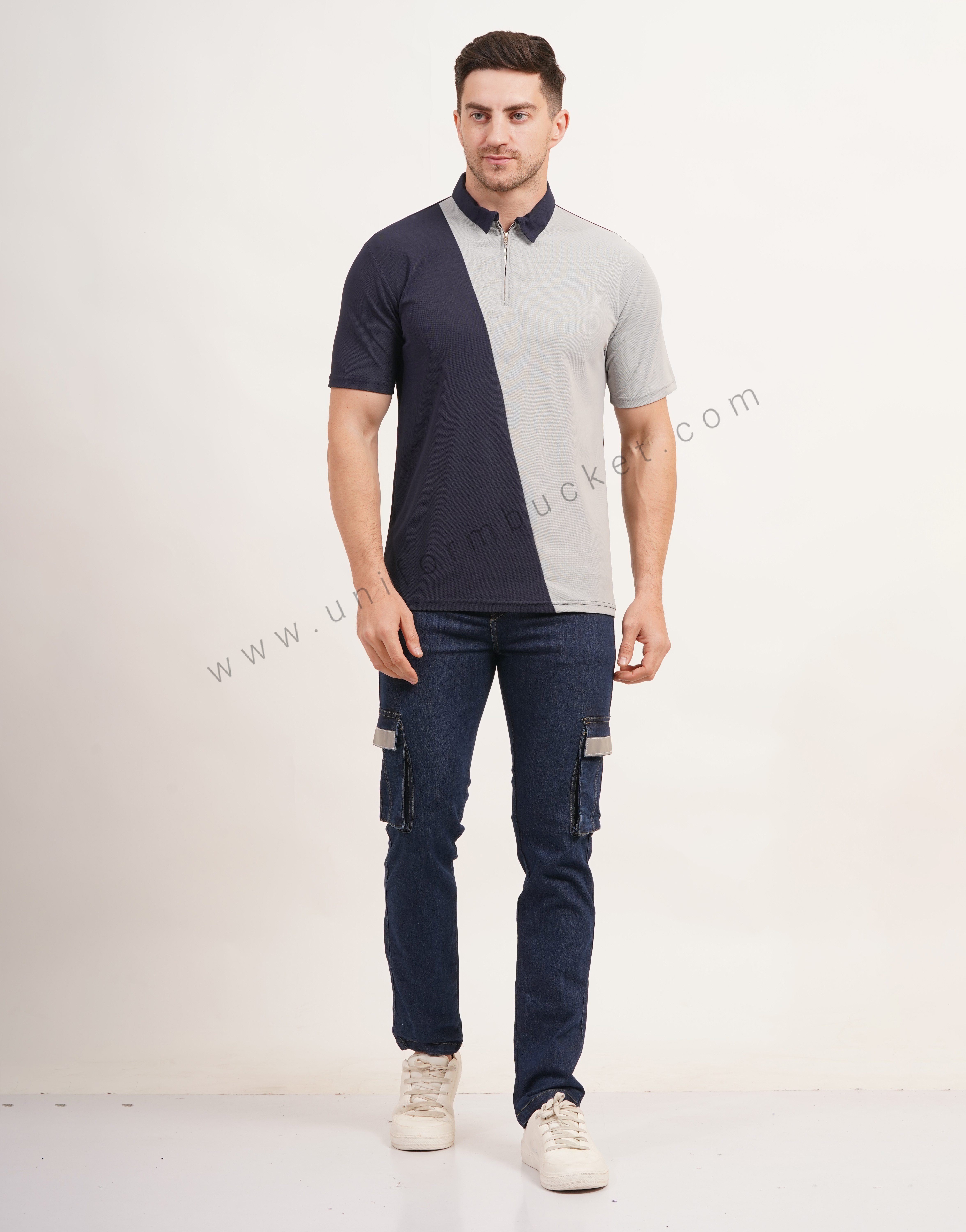 Cross Panel Cut Designer  t-shirt with Front Zip thumbnail 2