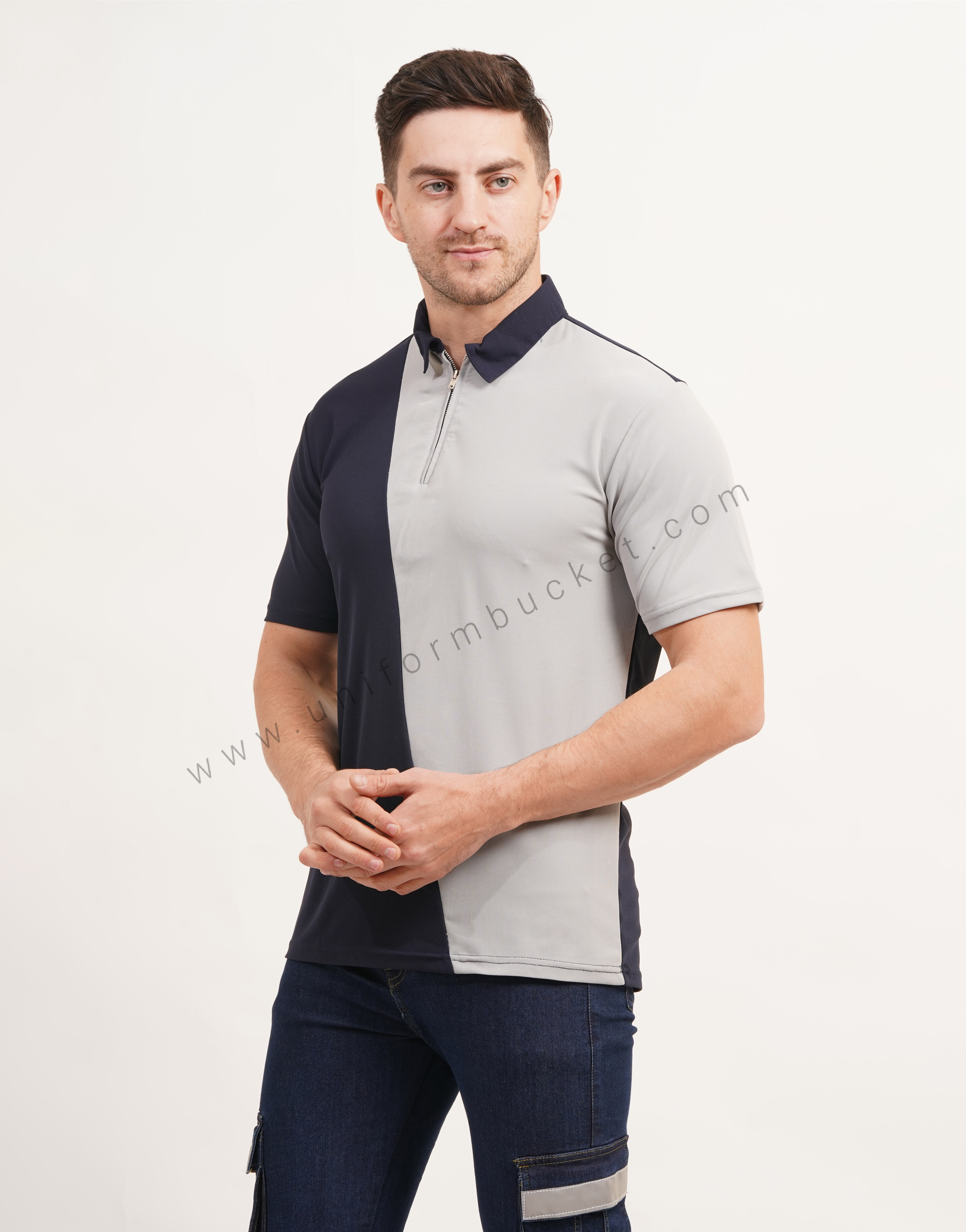 Cross Panel Cut Designer  t-shirt with Front Zip thumbnail 3