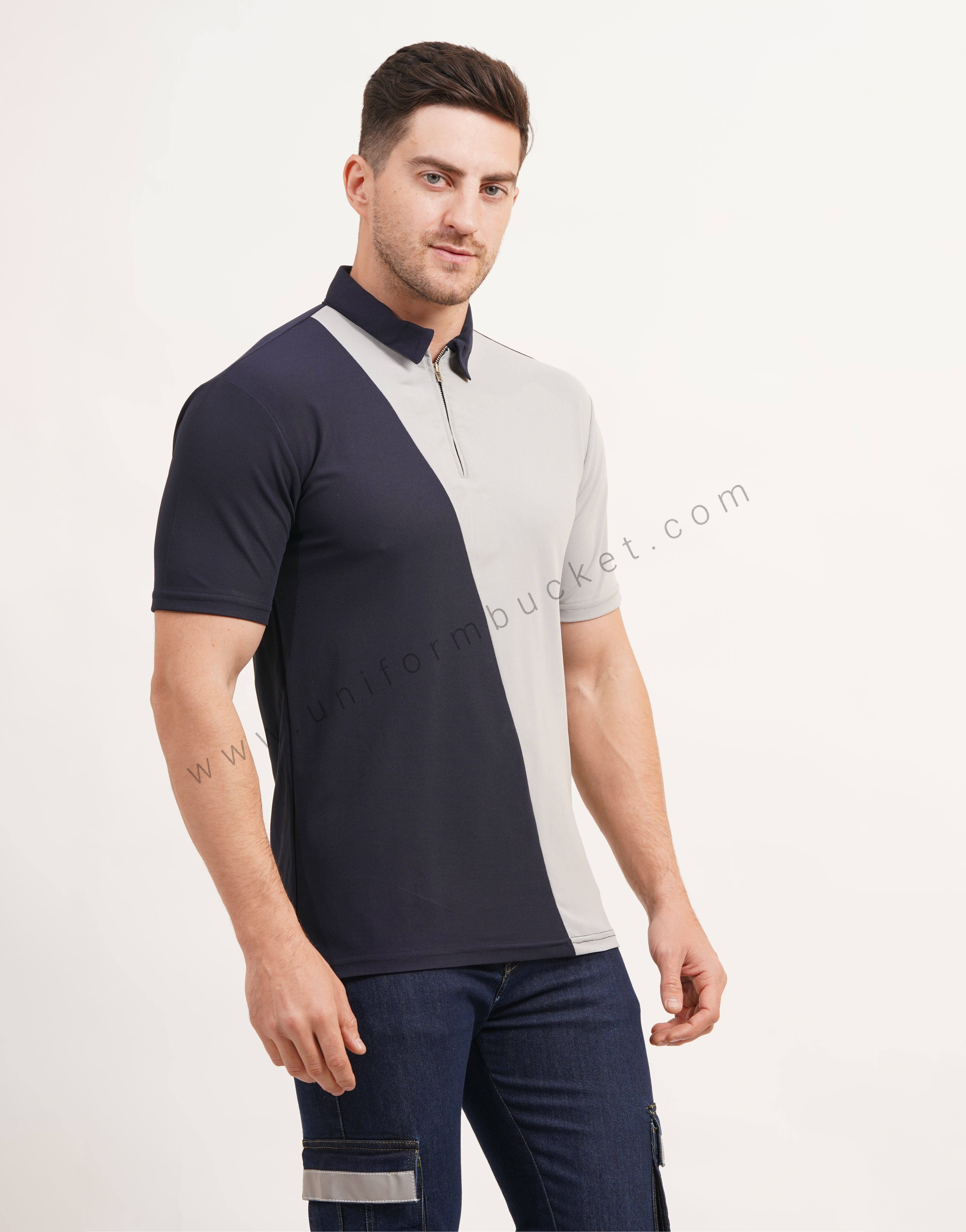 Cross Panel Cut Designer  t-shirt with Front Zip thumbnail 5