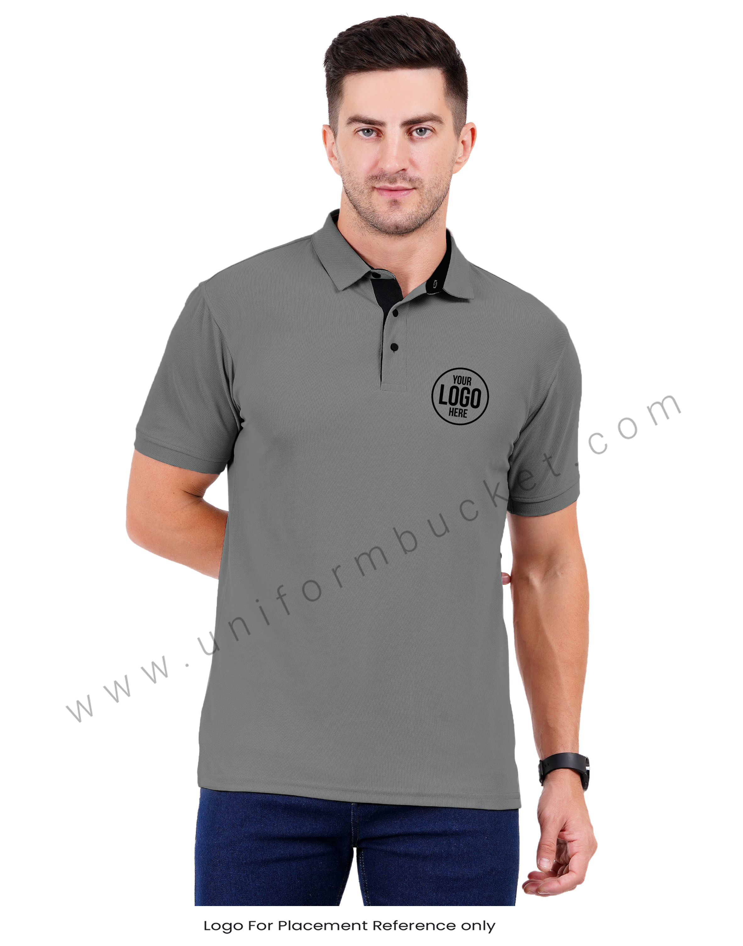 Dark Grey polo T-shirt with Black trim view 1