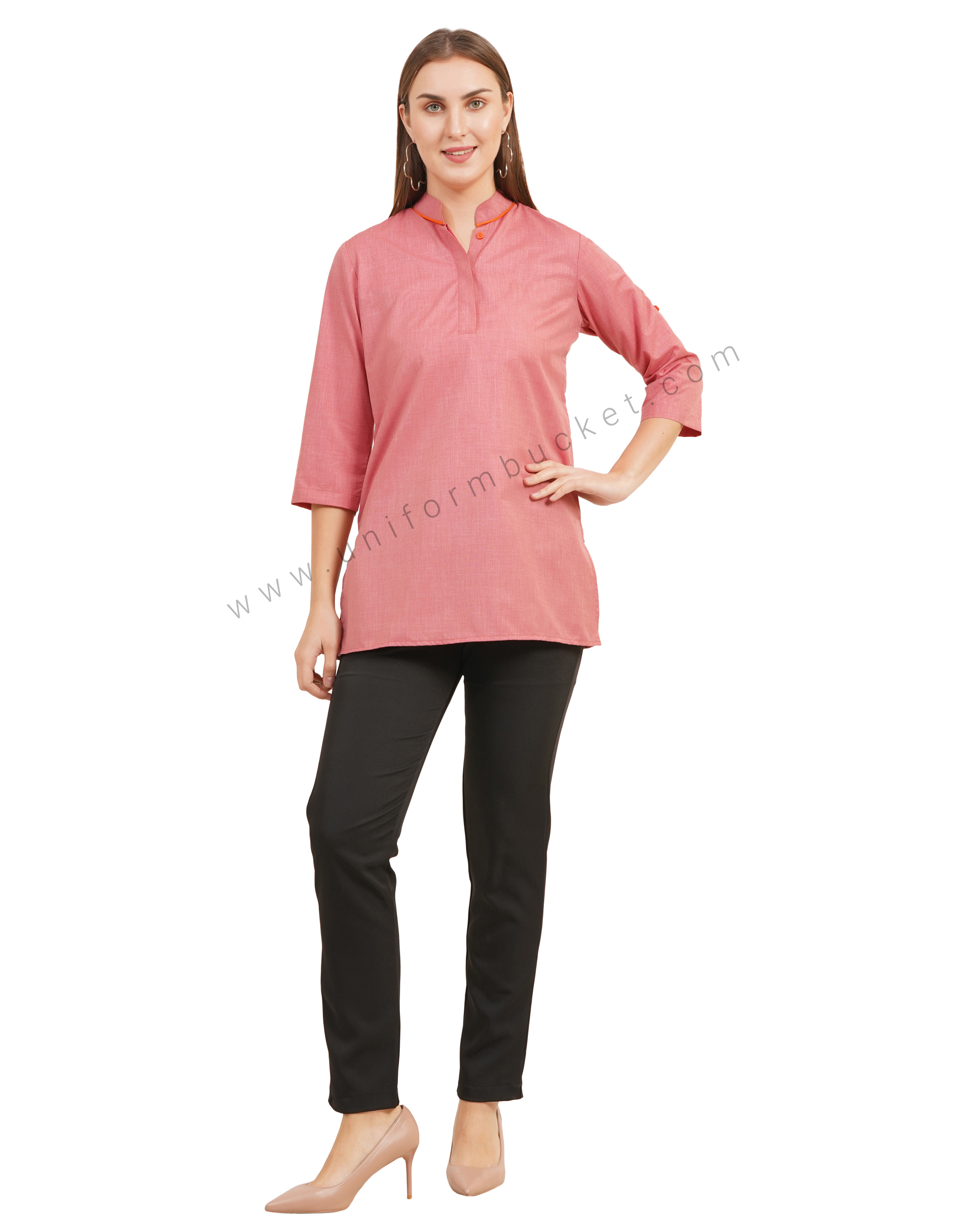 Elegant Red Mandarin Collar Kurti with Orange Detailing thumbnail 6