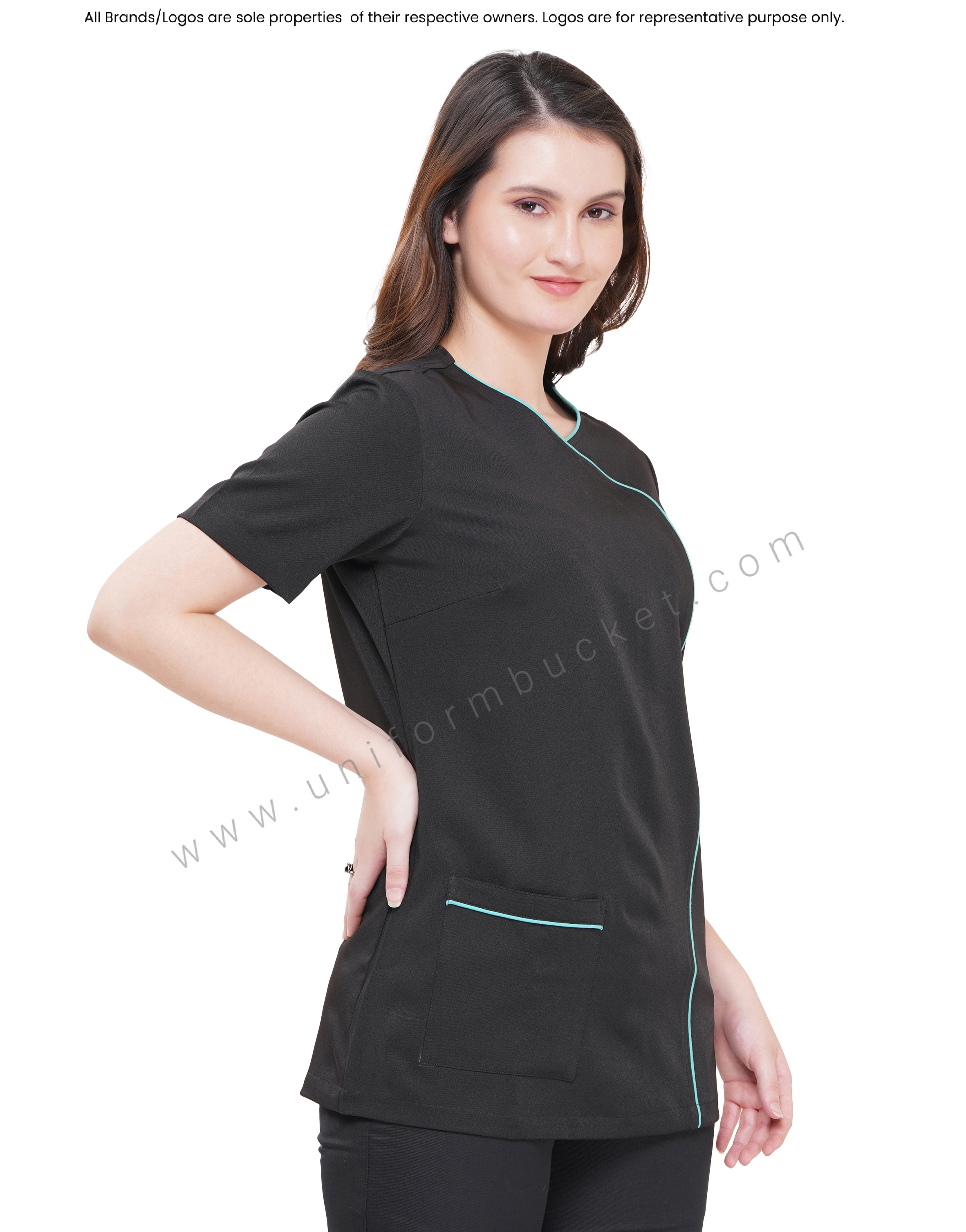 FEMALE BLACK ONE SIDE SEA GREEN PIPING TUNIC WITH RIGHT SIDE POCKET thumbnail 2