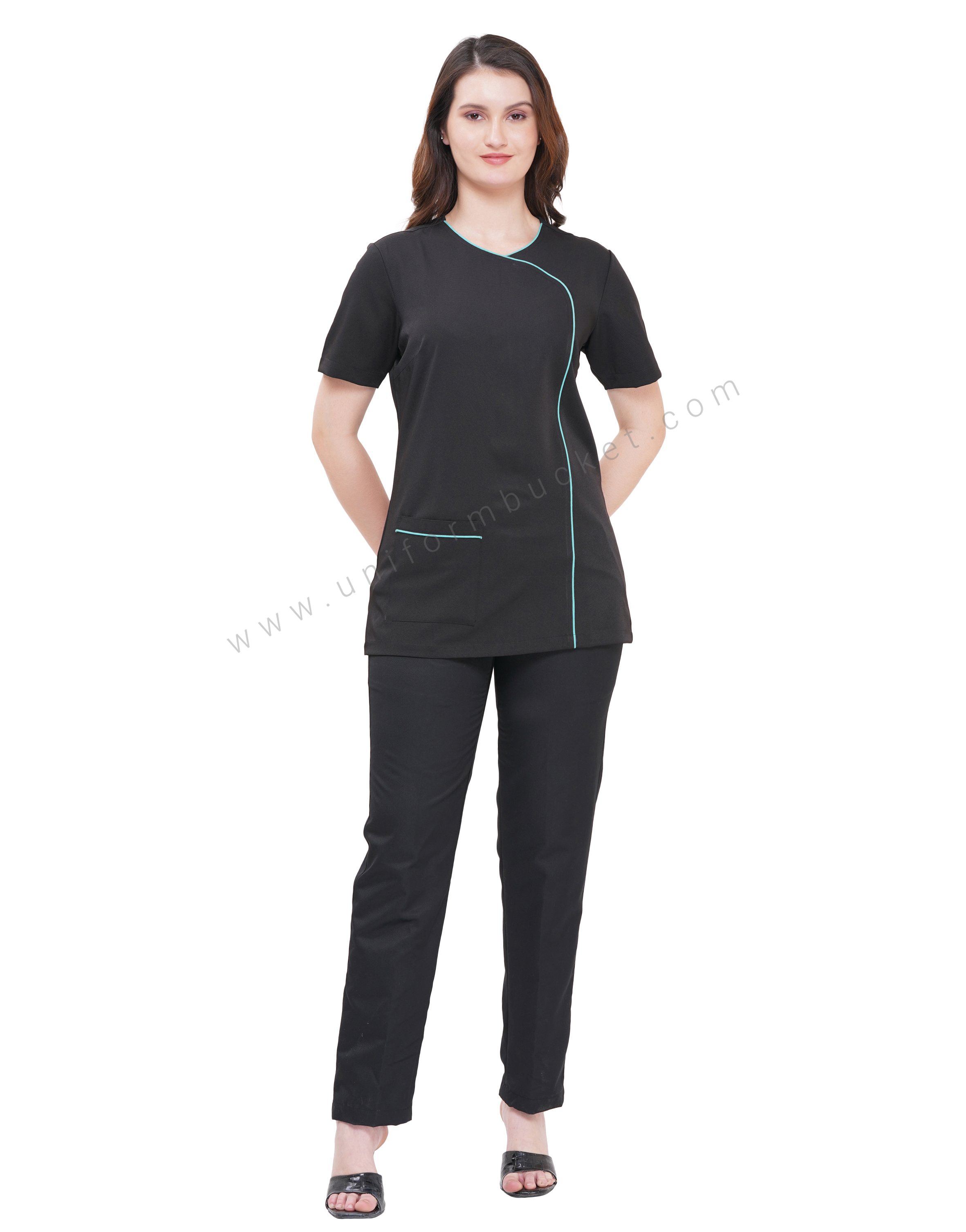 FEMALE BLACK ONE SIDE SEA GREEN PIPING TUNIC WITH RIGHT SIDE POCKET thumbnail 6