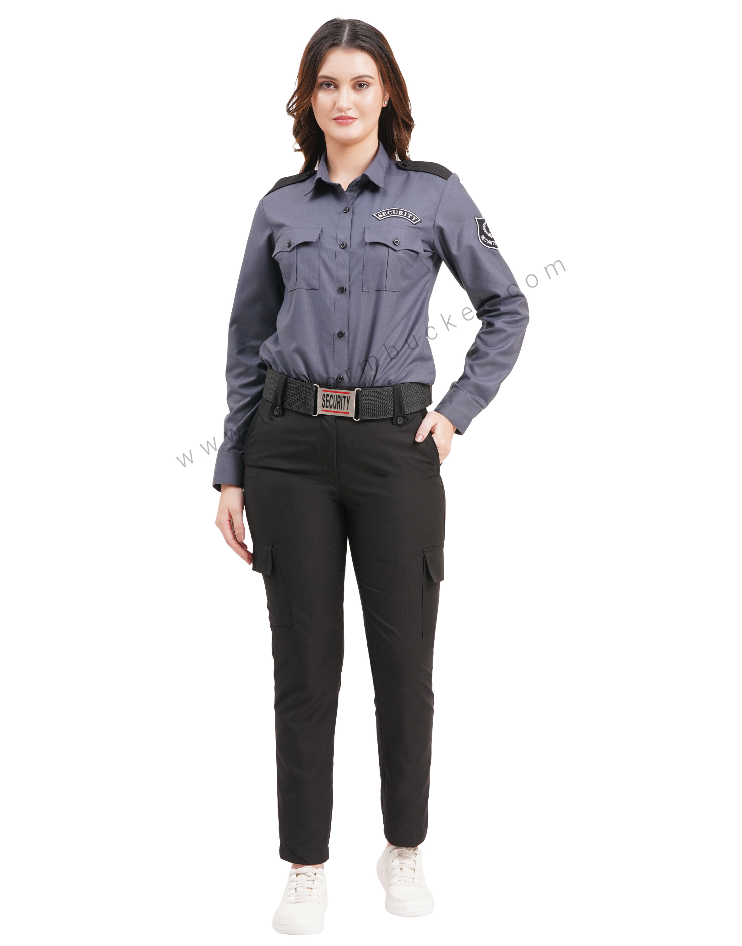 Female Black Security Guard  trouser with three loops & knee patch pocket with flap view 1