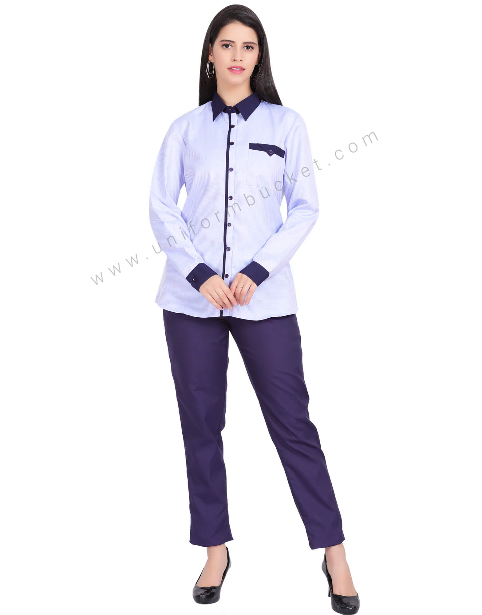 FEMALE BLUE DOTTED SHIRT WITH NAVY BLUE PIPING thumbnail 2
