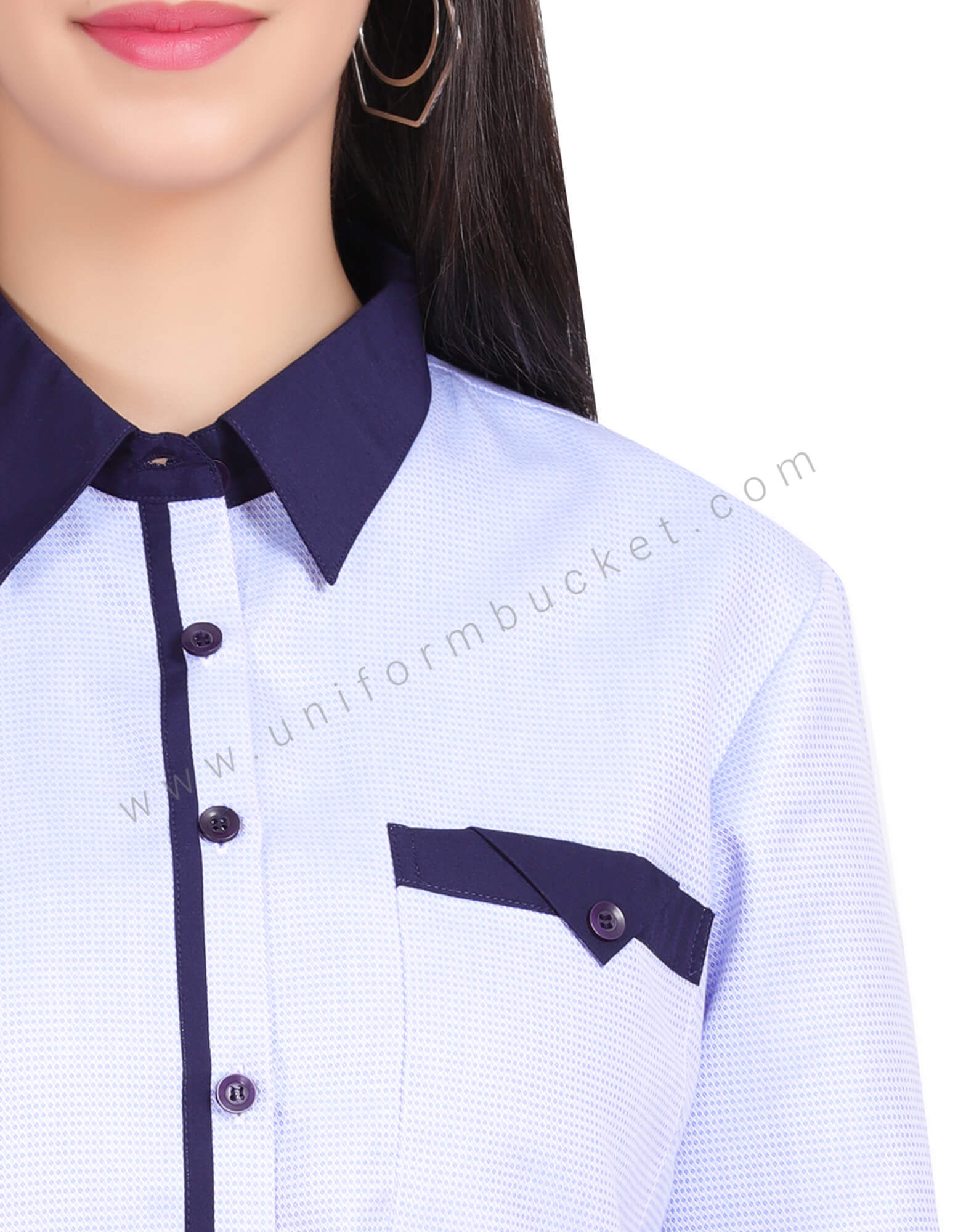 FEMALE BLUE DOTTED SHIRT WITH NAVY BLUE PIPING thumbnail 5