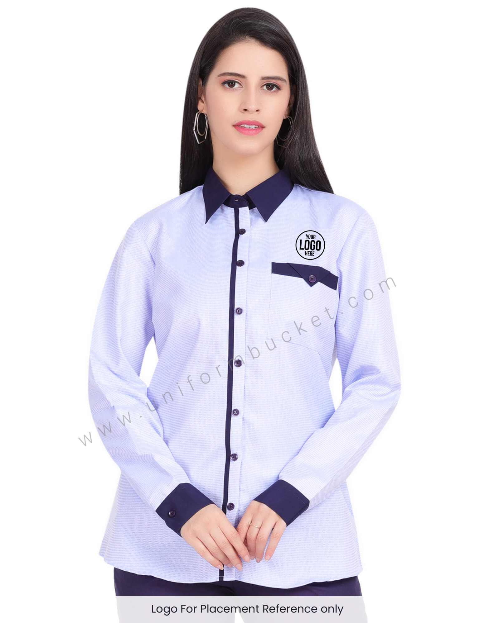 FEMALE BLUE DOTTED SHIRT WITH NAVY BLUE PIPING view 1