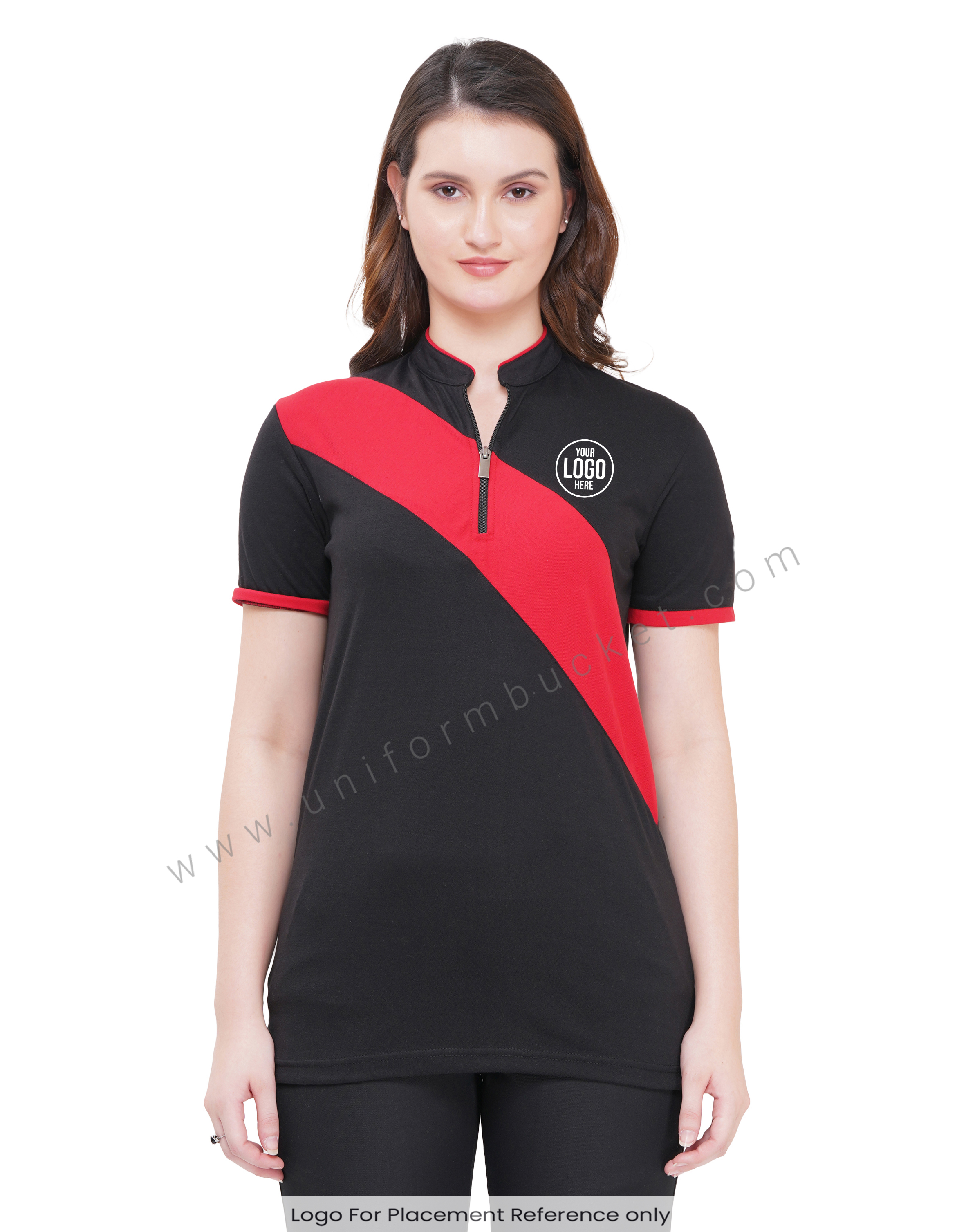 FEMALE FRONT ZIP DESIGNER  BLACK T-SHIRT WITH RED SLASH PIPING view 1
