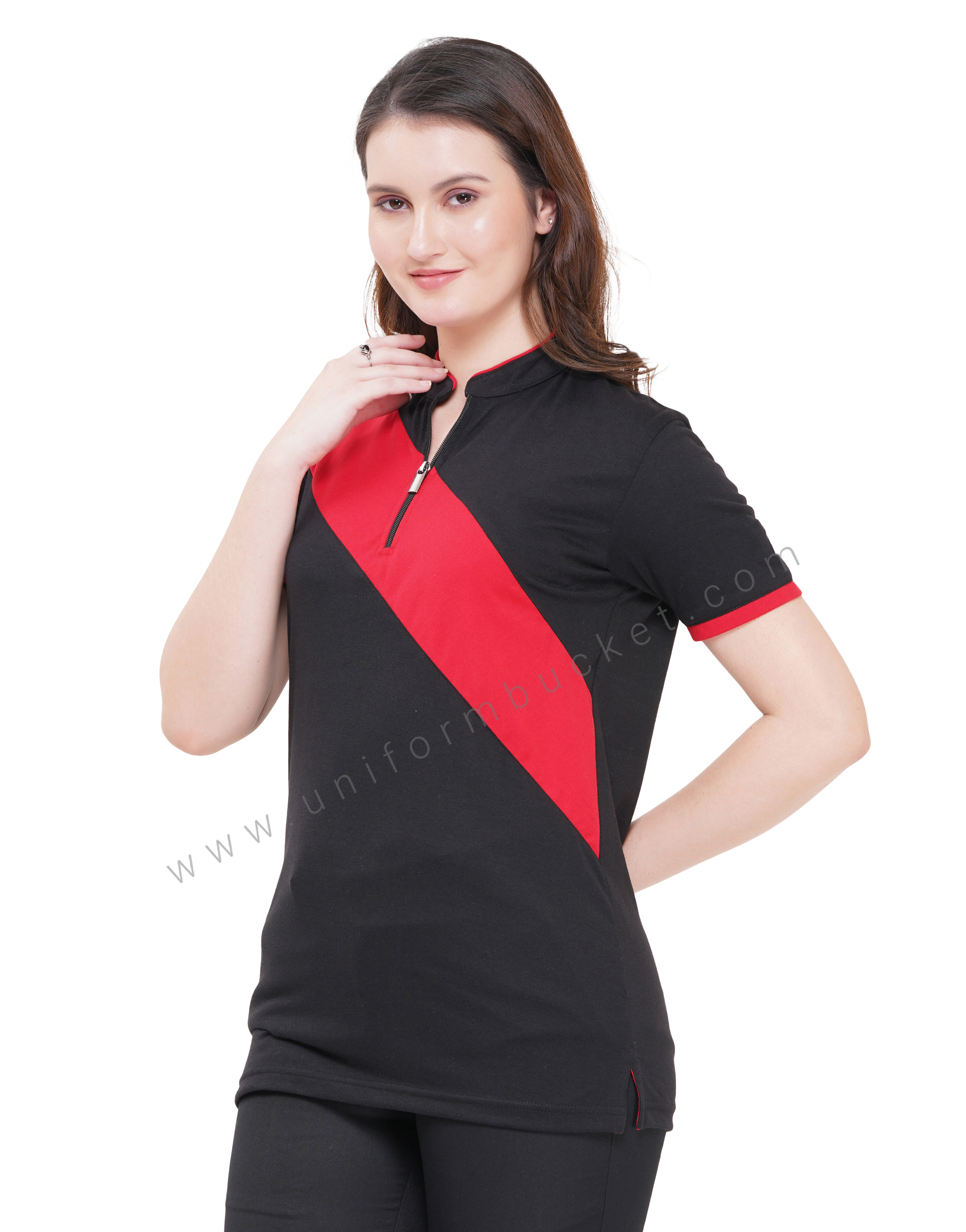 FEMALE FRONT ZIP DESIGNER  BLACK T-SHIRT WITH RED SLASH PIPING thumbnail 3