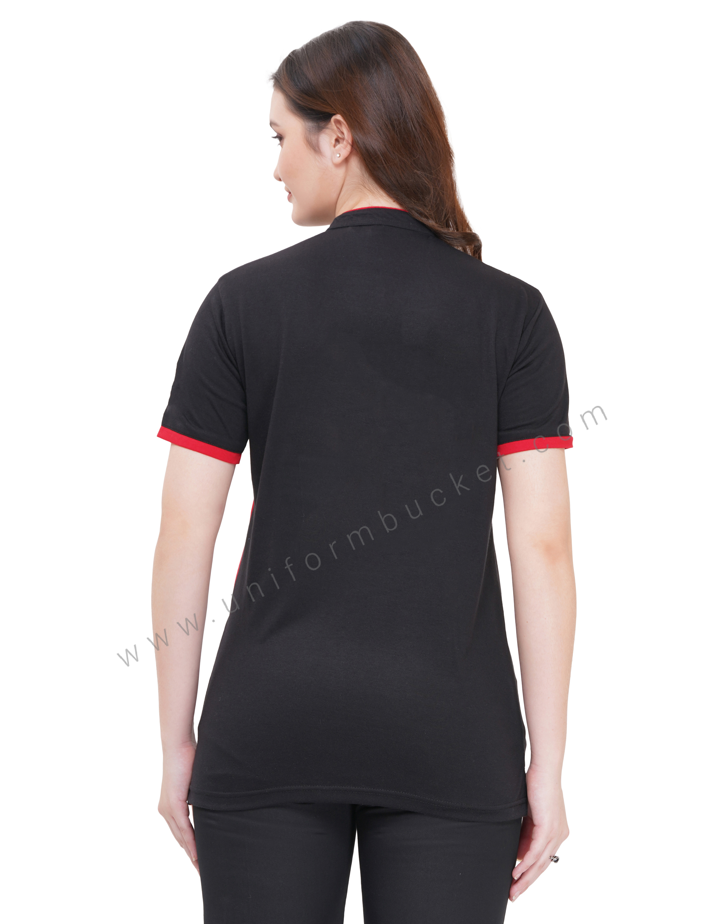FEMALE FRONT ZIP DESIGNER  BLACK T-SHIRT WITH RED SLASH PIPING thumbnail 5