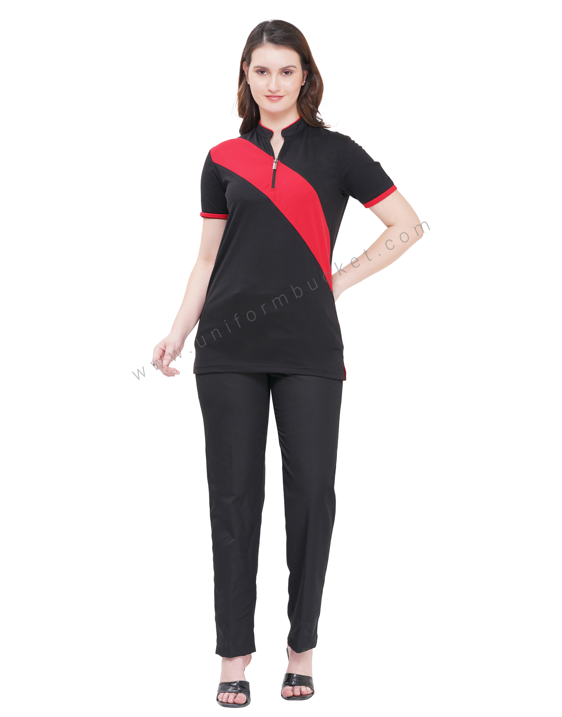 FEMALE FRONT ZIP DESIGNER  BLACK T-SHIRT WITH RED SLASH PIPING thumbnail 6